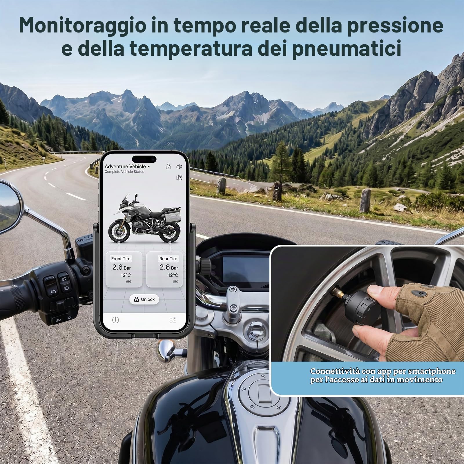 TPMS Moto Sistema Monitoraggio Pressione Pneumatici Bluetooth in Tempo Reale