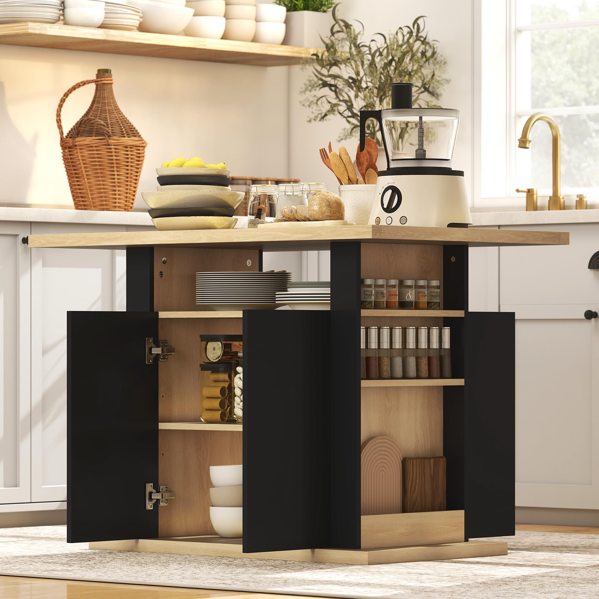 HOMCOM Îlot Central Cuisine Table à Manger Meuble de Rangement avec Grand Plan de Travail 4 Personnes - Placard 4 Portes et étagères - en Bois - 110 x 70 x 75,5 cm Noir et Naturel
