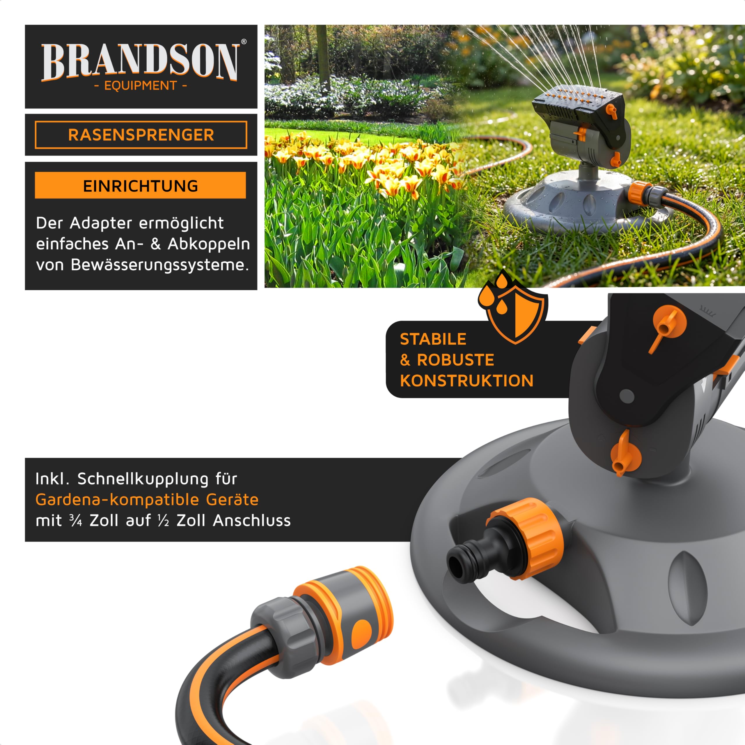 Brandson - Garten Rasensprenger 3/4 Zoll 16 Düsen - Gartensprinkler mit Standfuß – Oszillation-Funktion – Einstellbarer Sprühwinkel kleine Fläche große Flächen – Inkl Adapter 1/2 Zoll