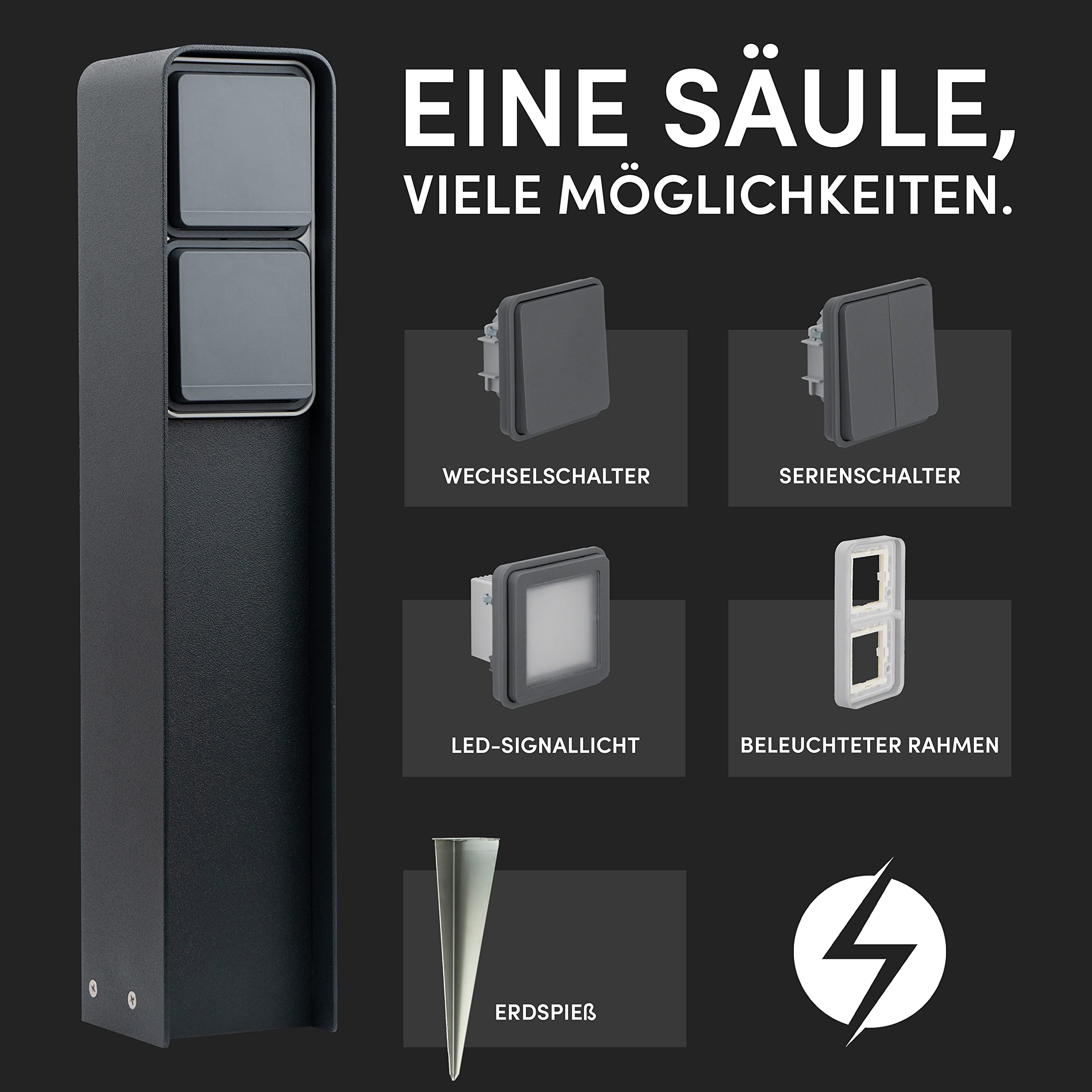 Steckdosensäule (Anthrazit) | Außensteckdose wetterfest IP55, Edelstahl, Modernes Design & Premium Qualität