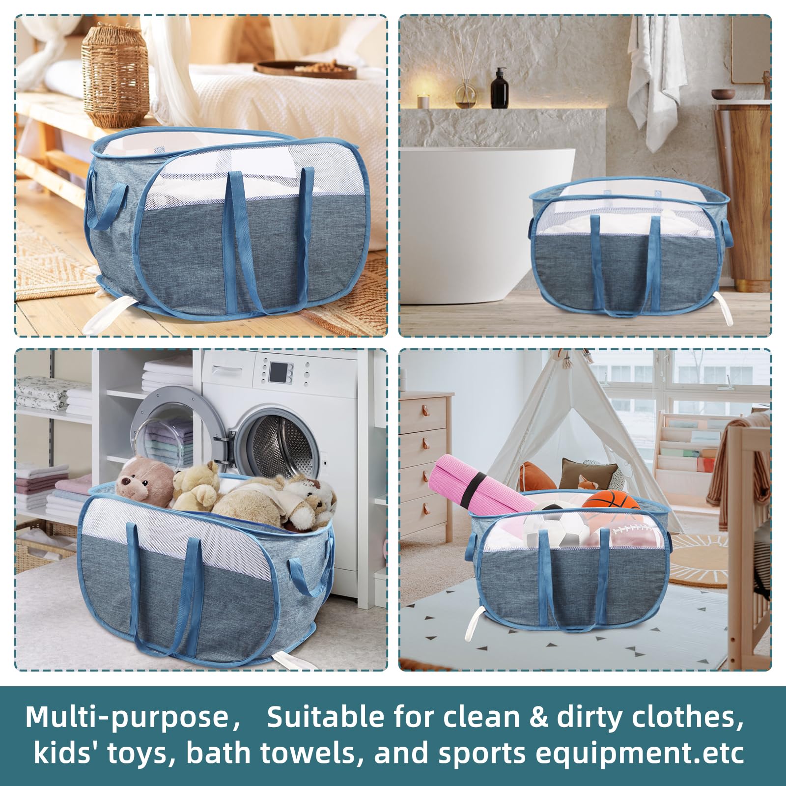 2 cesti portabiancheria pieghevoli, resistenti agli strappi, con doppi manici, resistenti, pieghevoli, facili da trasportare, per casa, lavanderia, camera da letto, dormitorio, viaggi, blu
