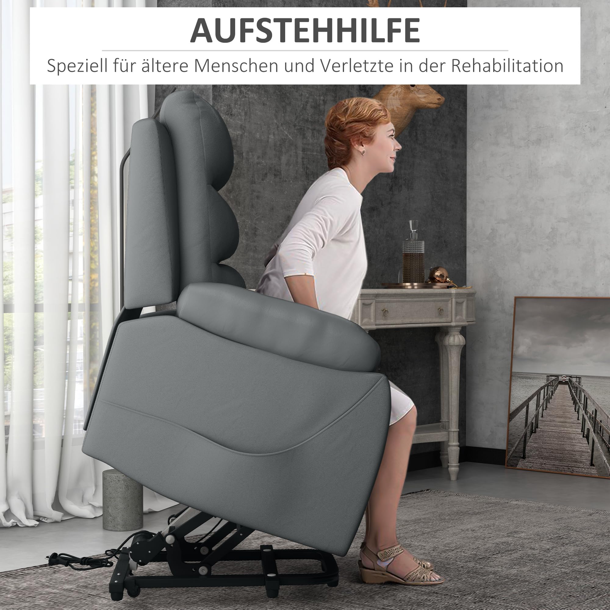 HOMCOM Poltrona Alzapersona Reclinabile fino a 135° e Imbottita con 8 Punti Massaggianti, Telecomando e Poggiapiedi, 91x86x101 cm, Grigio