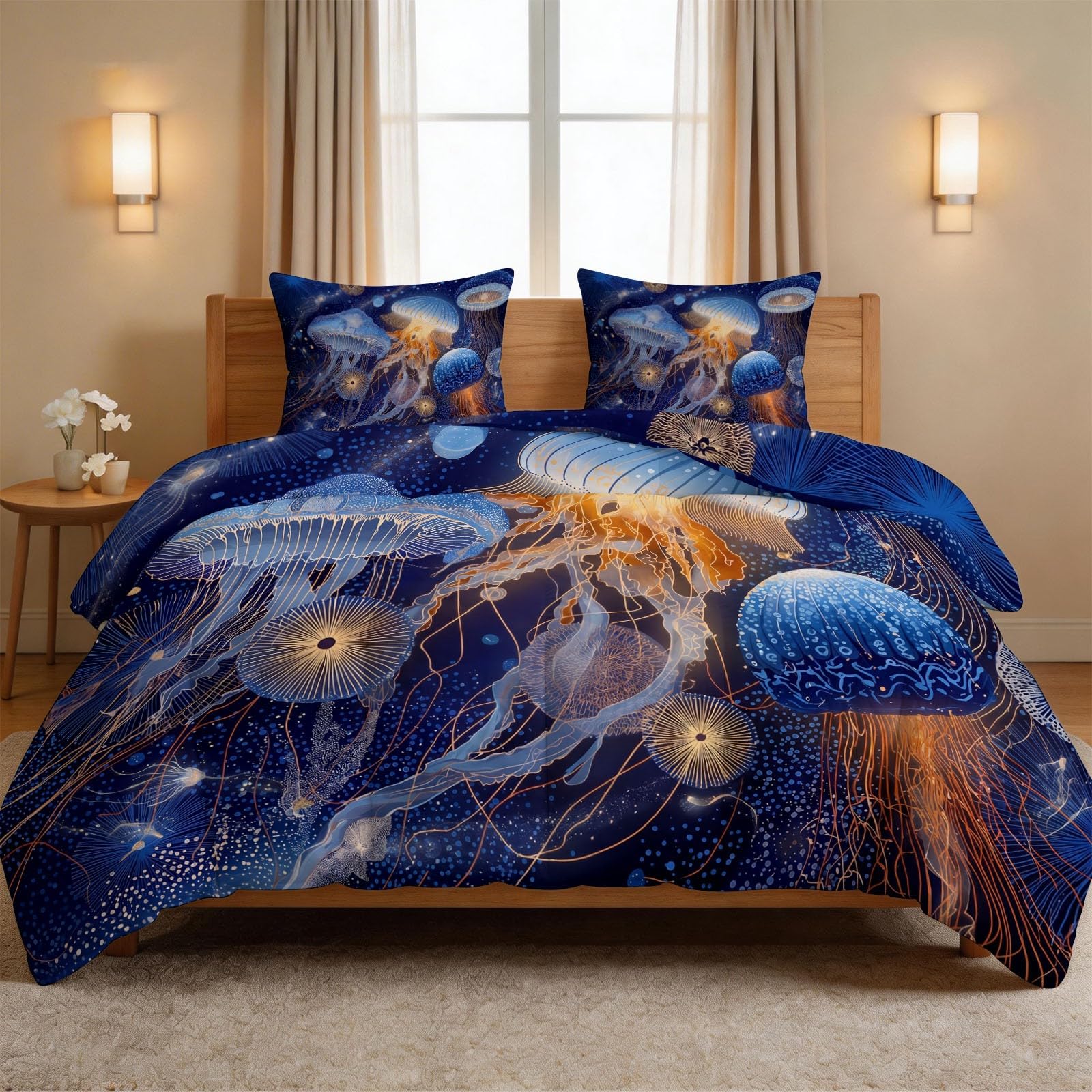 Kołdra 200 x 220 cm, zestaw kołder na 4 pory roku – Fantasy, gwiaździste niebo, koc do spania bez poszewki, ciepła i miękka, nadaje się do prania, całoroczna kołdra – ocean meduza punktowa pościel na