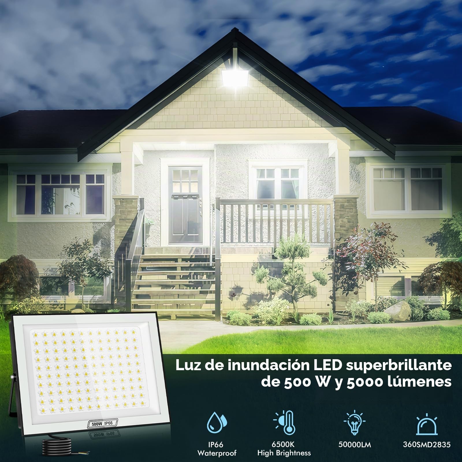 Foco LED para exteriores de 500W, 50000 LM, superbrillante, blanco frío de 6500 K, resistente al agua IP66, para patio, entrada, garaje, pasillo y jardín - 2 piezas