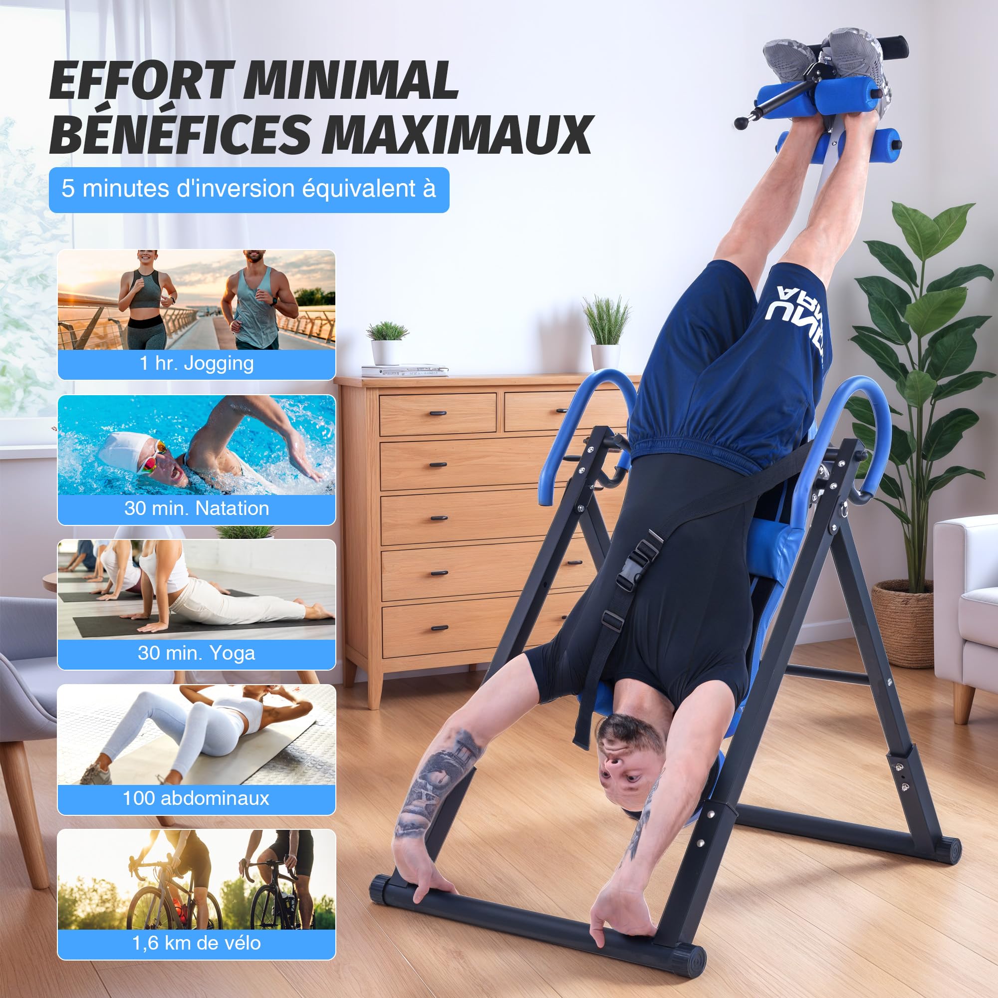 ZELUS Table d'Inversion Pliable Réglable Équipement pour de Gymnastique à Domicile Entraînement par Gravité pour la Thérapie Naturelle de Soulagement des Douleurs du Dos