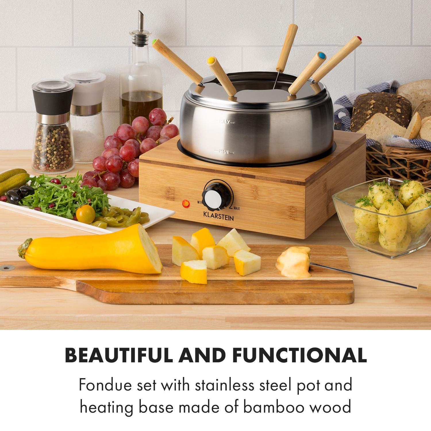 KLARSTEIN Bambus - fondue, 800 W, caquelon en inox, base en bambou, capacité 1,3 L max., plaque chauffante en inox, thermostat, support de fourchette, 6 fourchettes à fondue en inox - bambou