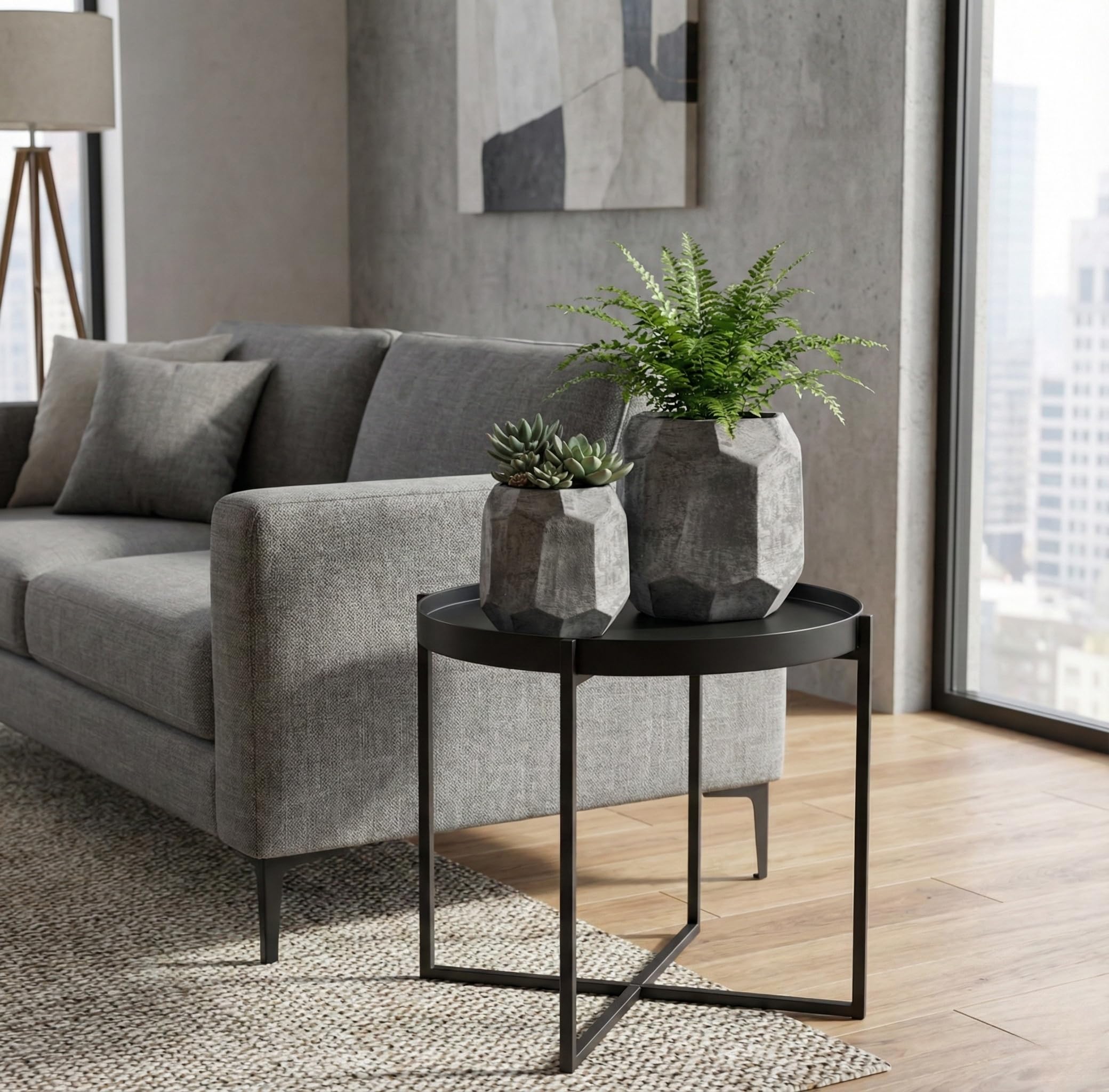 Olly & Rose Leon - Set di 2 vasi per piante geometriche in ceramica, effetto sabbia, grigio scuro, diametro 21 cm e 14 cm, grandi vasi per piante da esterno e interno, fioriere grigie, vasi da fiori
