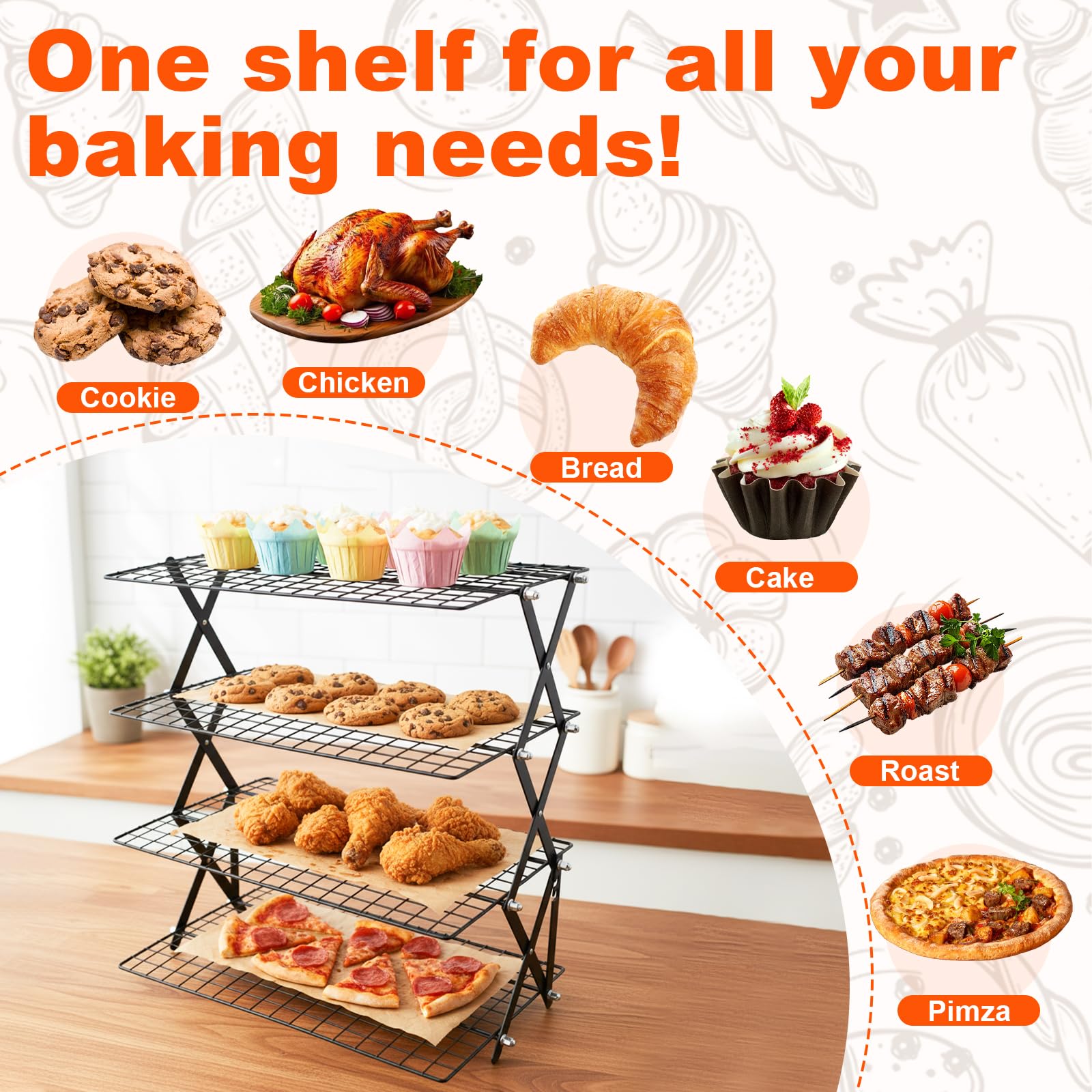 Grille de Refroidissement Pâtisserie Pliable 4 Niveaux Antiadhésif 43 x 24,5 cm
