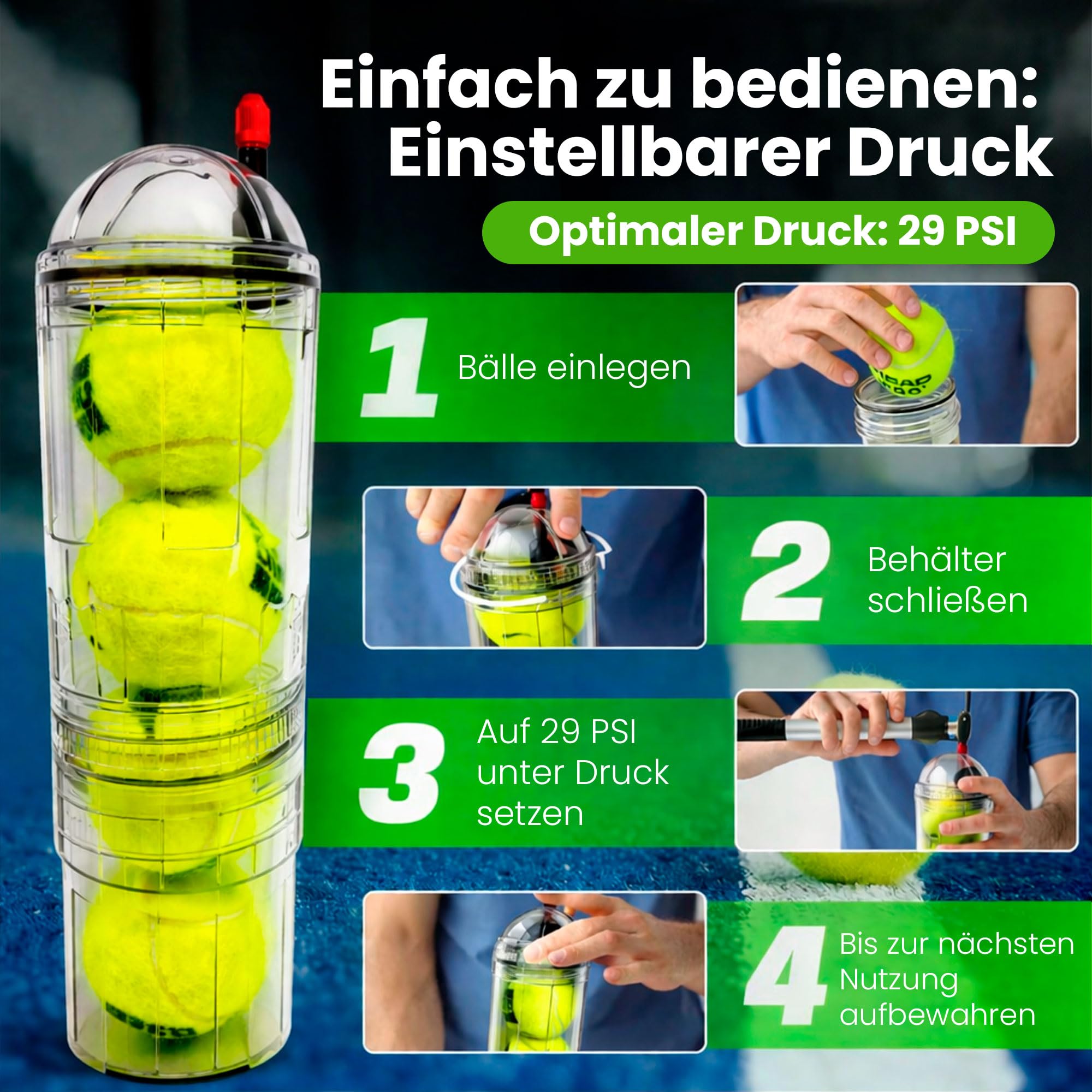 TUBOPLUS - Druckbehälter für Padel- und Tennisbälle | TUBOX4 Crystal | Kompressor für Bälle | unverzichtbares Zubehör