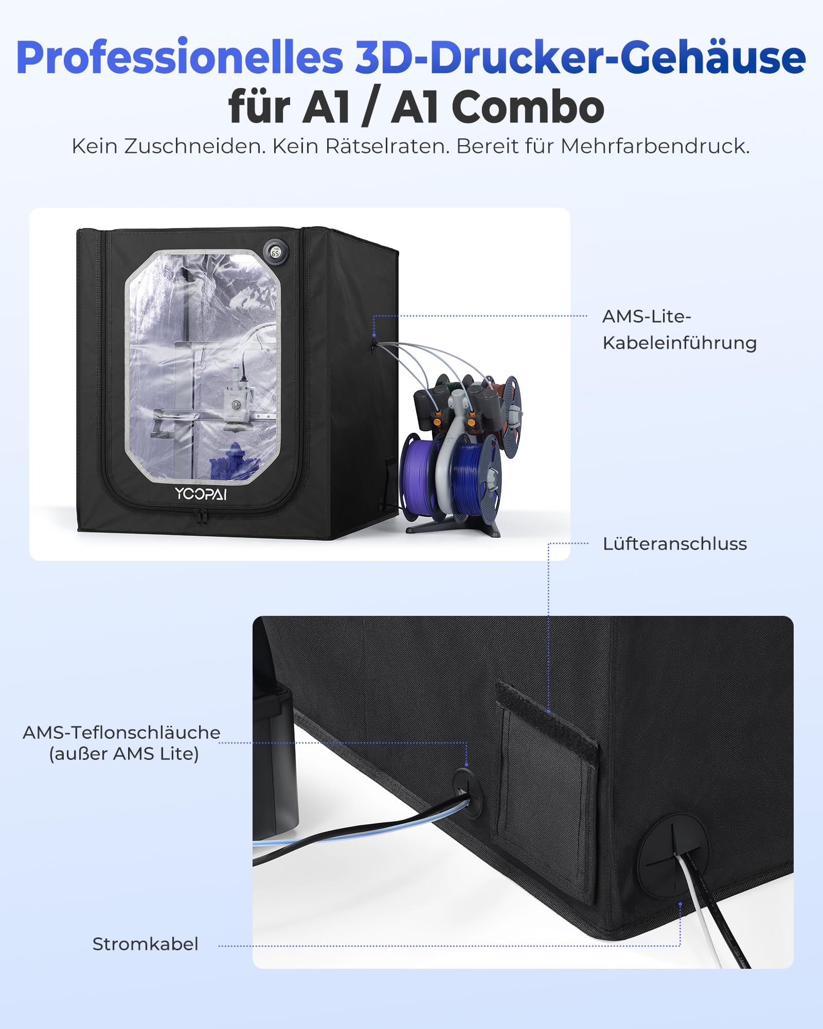 YOOPAI 3D Drucker Gehäuse für Bambu Lab A1/A1 Combo mit LED Licht