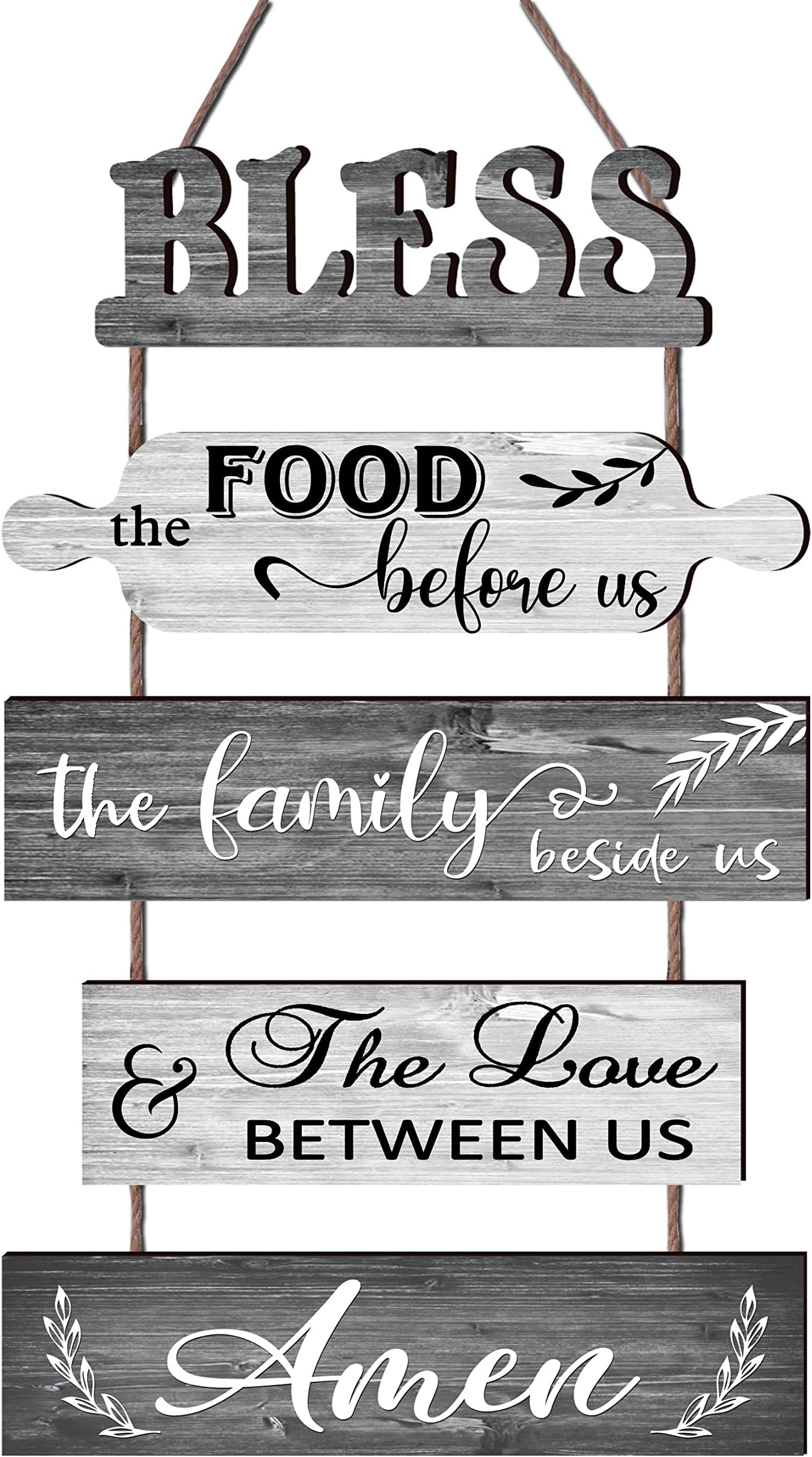 Buecasa Bless the Food Before Us Farmhouse Kitchen Wall Decor - Dining Room Decorations Collage Art in White Grey Color - Wooden Rustic 5pcs Roped Sign 13x24 Inches Vertical