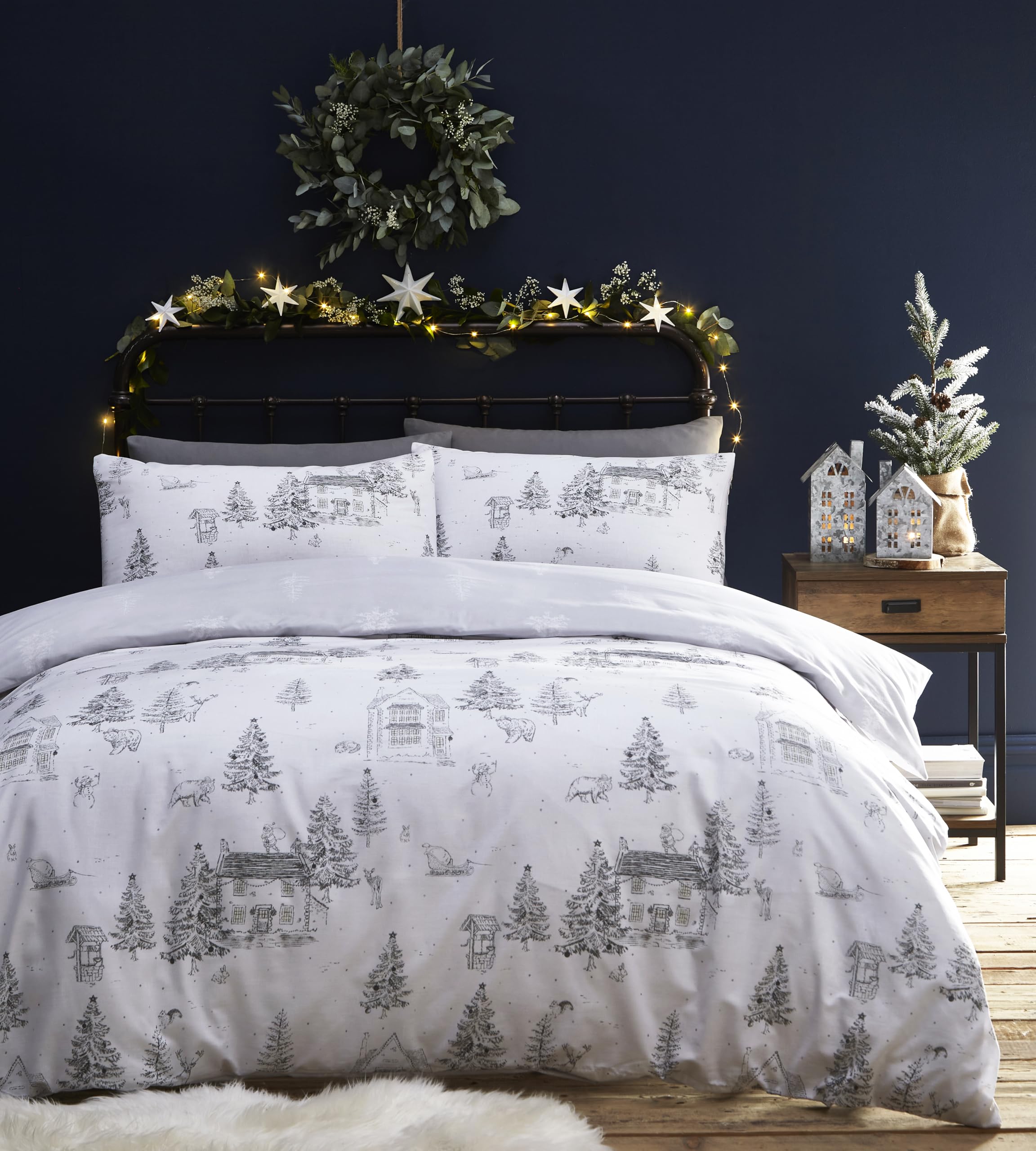 furn. Midwinter Toile Duvet Cover Set - Polycotton Fabric, Picturesque Snow C...
