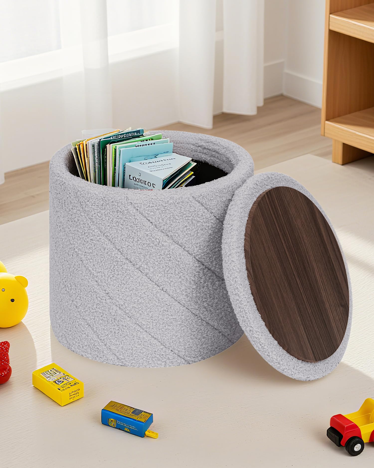Bonlife Tabouret Rond Ottoman avec Espace de Rangement, Tabouret Pliable avec Couvercle, Tabouret de Coiffeur Boucle pour Salon, Chambre à Coucher, entrée, Gris, 33 x 33 x 35 cm