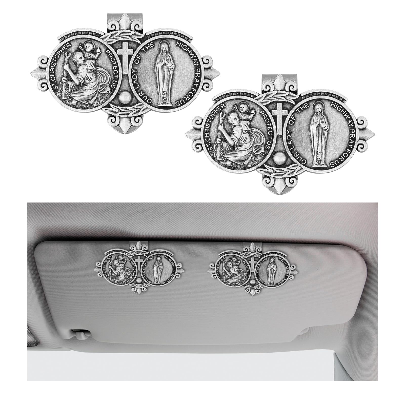 2 PCS St Christopher Medal for Car, Saint Christopher & Our Lady Sun Visor Decor Clip, Catholic Visor Clip to Bless Driving Safety, Car Accessories Gift for Driver Family Friend
