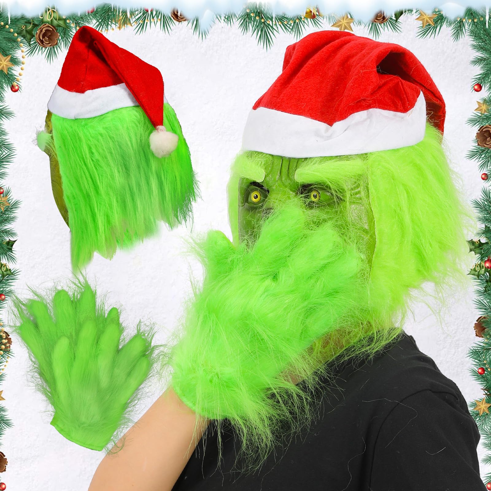 Applysu 3PCS Grinch Mask Furry Green Monster Latex Mask with Gloves Christmas Plush Cosplay Costume Props for Fancy Dress