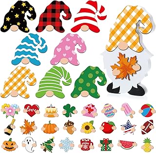 Qunclay 33 Pcs Interchangeable Gnome Decor Seasonal Holiday Gnome Decoration with Magnet Pieces and Detachable Hats Changeable Wooden Table Centerpieces Sign for Home Ornaments(Classic)