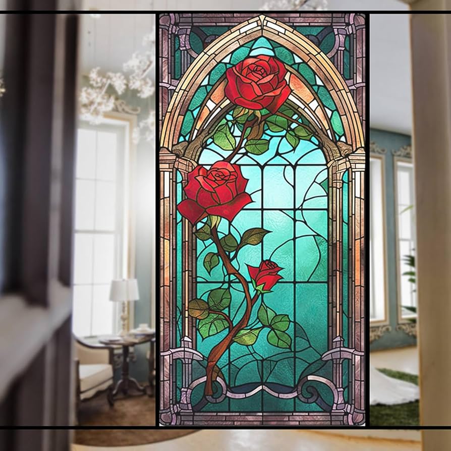 Amazon｜窓フィルム ステンドグラス 薔薇柄 目隠しシート レトロ め