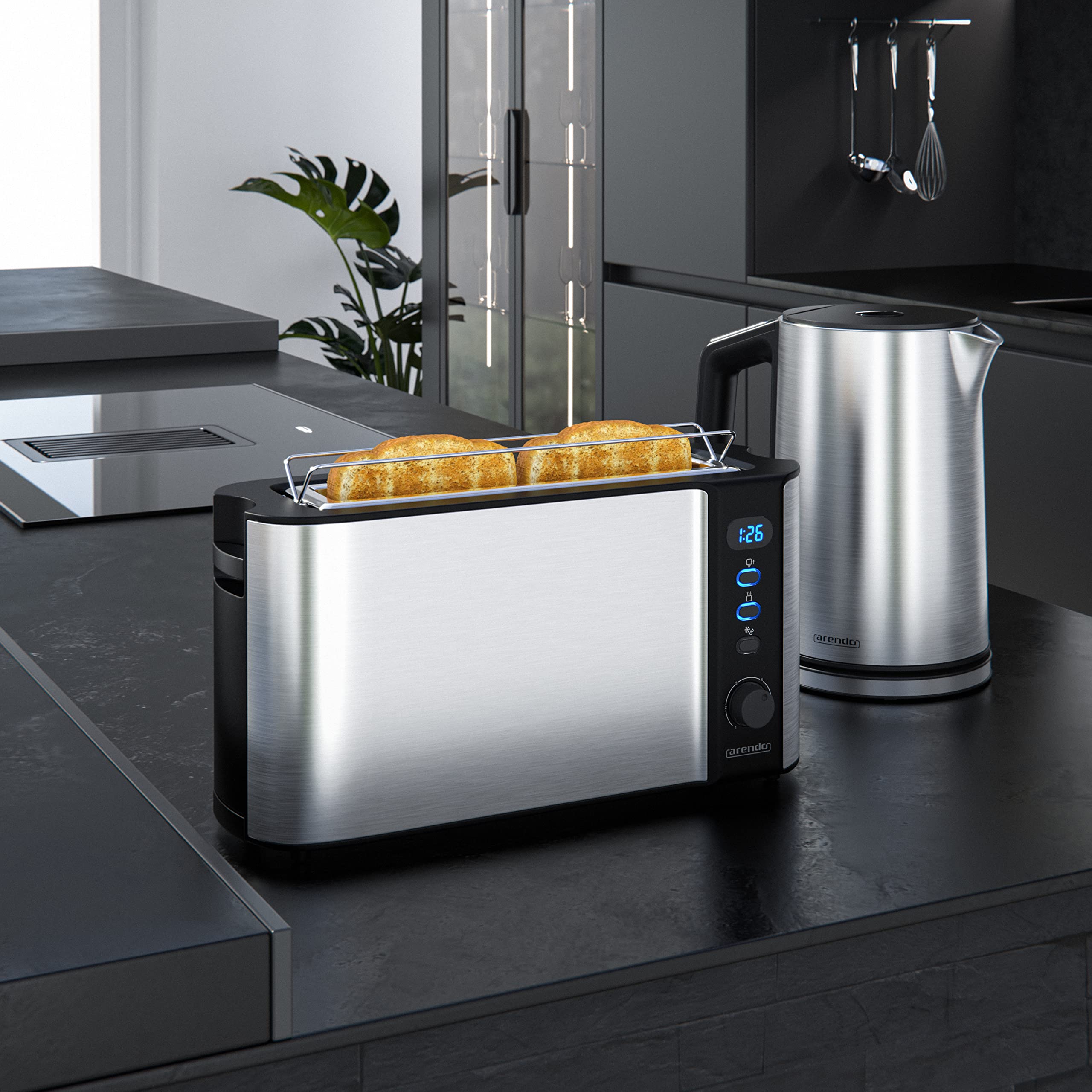 arendo Wasserkocher + rendo Edelstahl Langschlitztoaster Hervidor de Agua tostadora de Ranura Larga, Acero Inoxidable Plateado