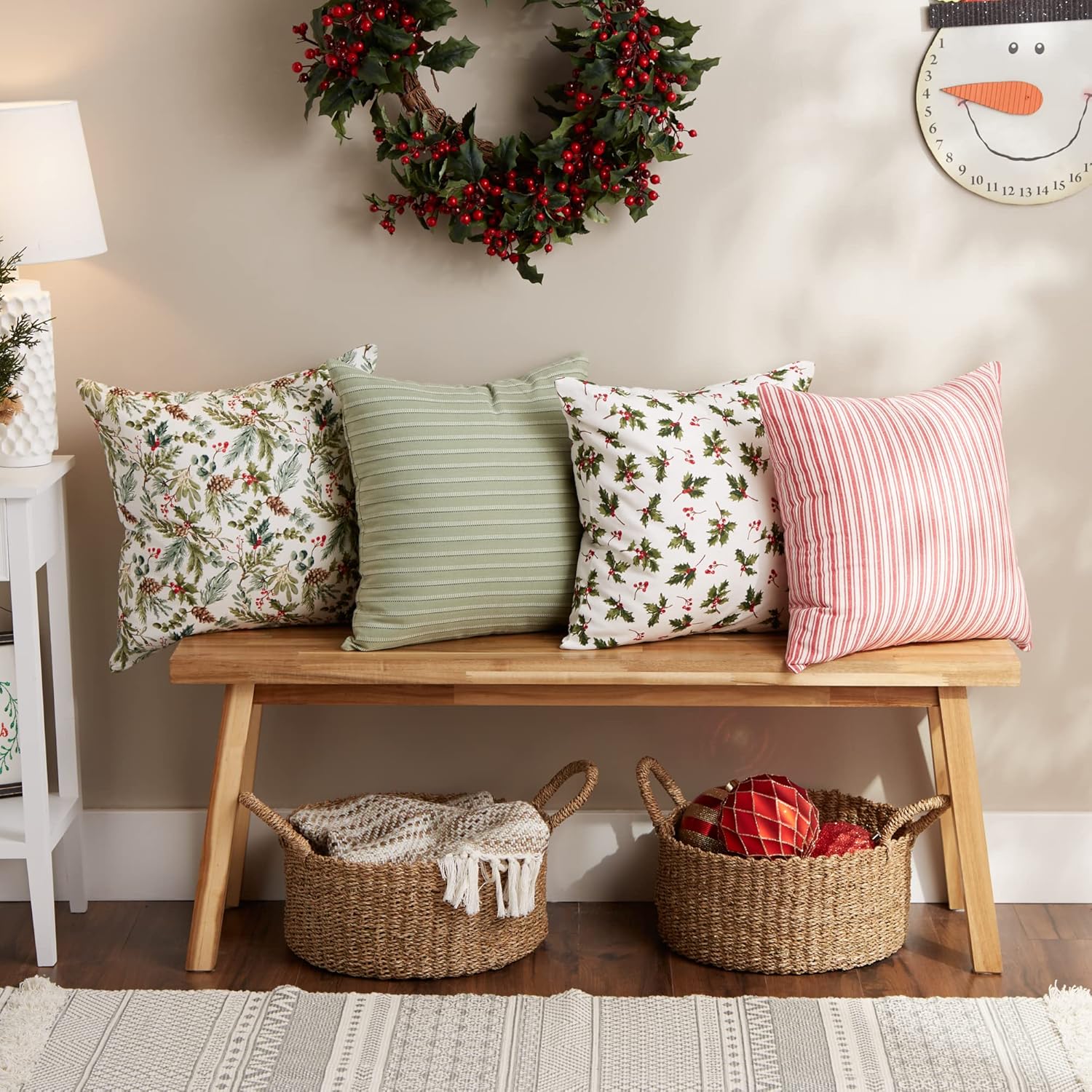 Holiday Holly and Stripe Cotton Euro Pillow Covers Set