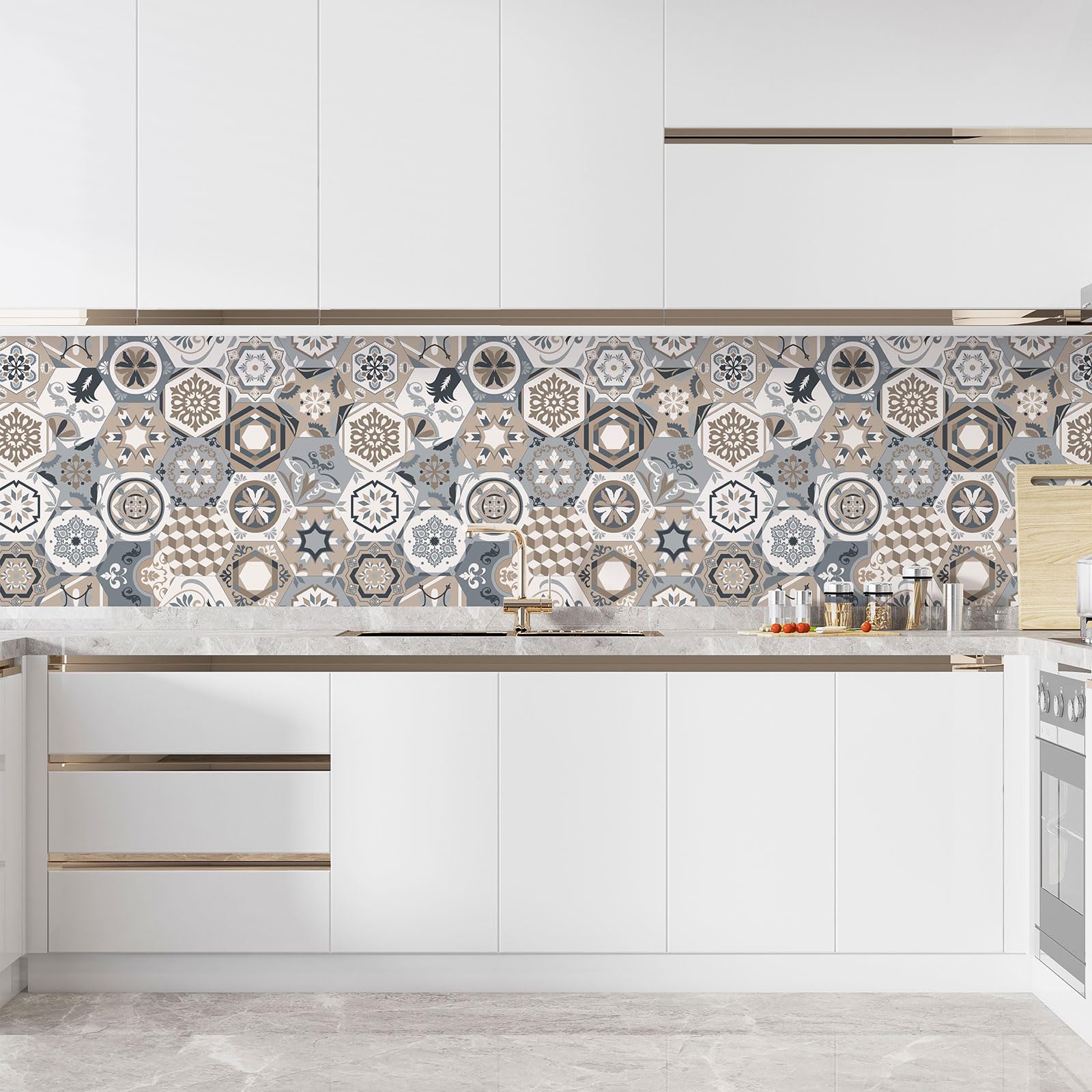 Lumalea Adesivo per cucina, effetto piastrelle di cemento, 3617681297475, adesivo + protezione lucida, 90 x 117 cm