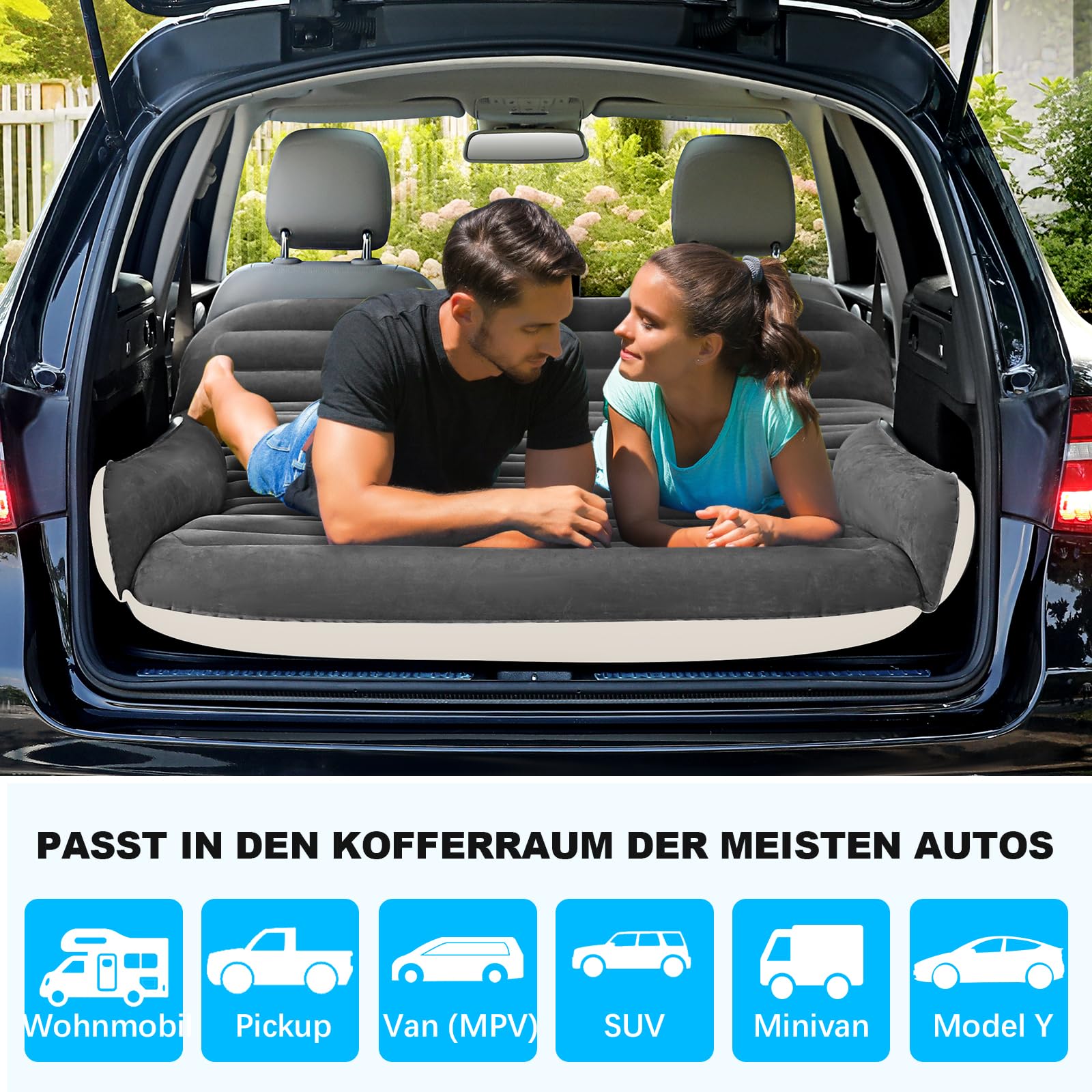 KMZ Aufblasbare SUV-Luftmatratze für Auto, LKW und Camping – tragbares, Dickes Autobett für unterwegs, inkl. 2 Kissen und elektrischer Pumpe