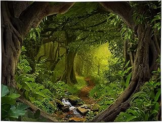 Fullfun Nature Green Forest Tapestry Wall Hanging with Stream, Green Misty Original Forest Tree Cave Tapestries, Nature Scenery Wall Tapestry Decor for Living Room Bedroom Dorm 50 x 60 inch