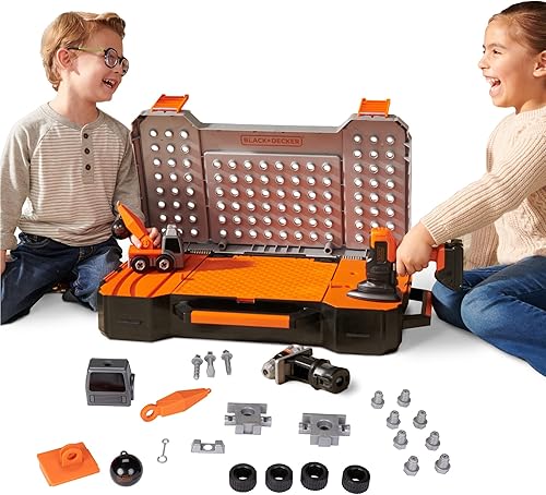 Black+Decker Juego de herramientas para niños todo en uno Mega Case Workshop con taladro de matriz de juguete electrónico, rompecabezas y accesorios