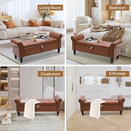 Miniatura 47 de Banco otomano de almacenamiento con brazos, banco de lino para dormitorio, banco de almacenamiento con botones para entrada, sala de estar, pasillo,