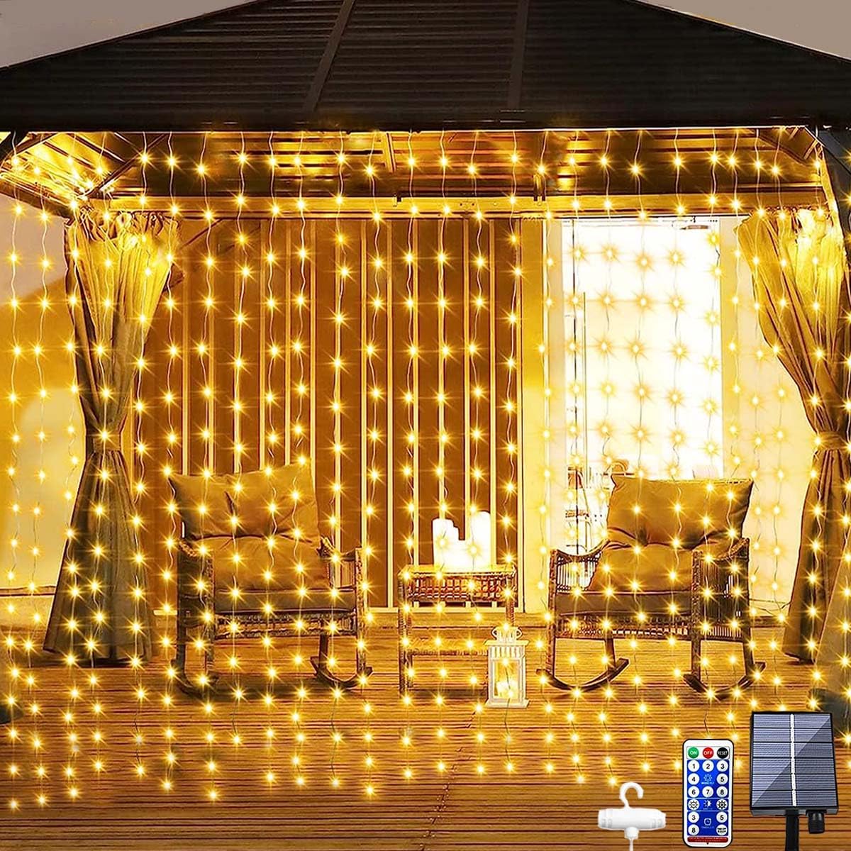 Dekofun Solar Lichtervorhang Aussen 3M x 3M 300 LED Lichterketten Vorhang mit Fernbedienung, 8 Modi Und Timer, Wasserdicht Lichterkette Hängend für Wand Balkon Hochzeit Pavillon Terrassen Garten Außen