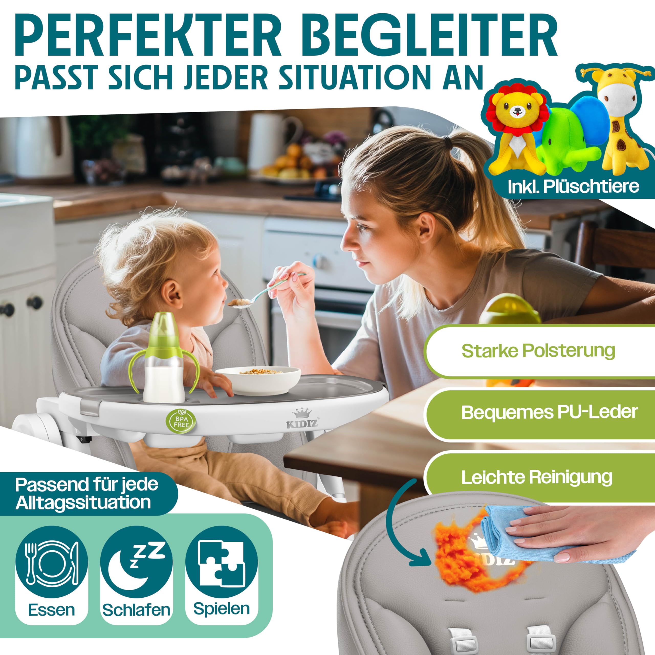 KIDIZ® 3in1 Hochstuhl Kinderhochstuhl mit Spielbügel, Babyliege, höhenverstellbar, bis 36 Monate, Grau