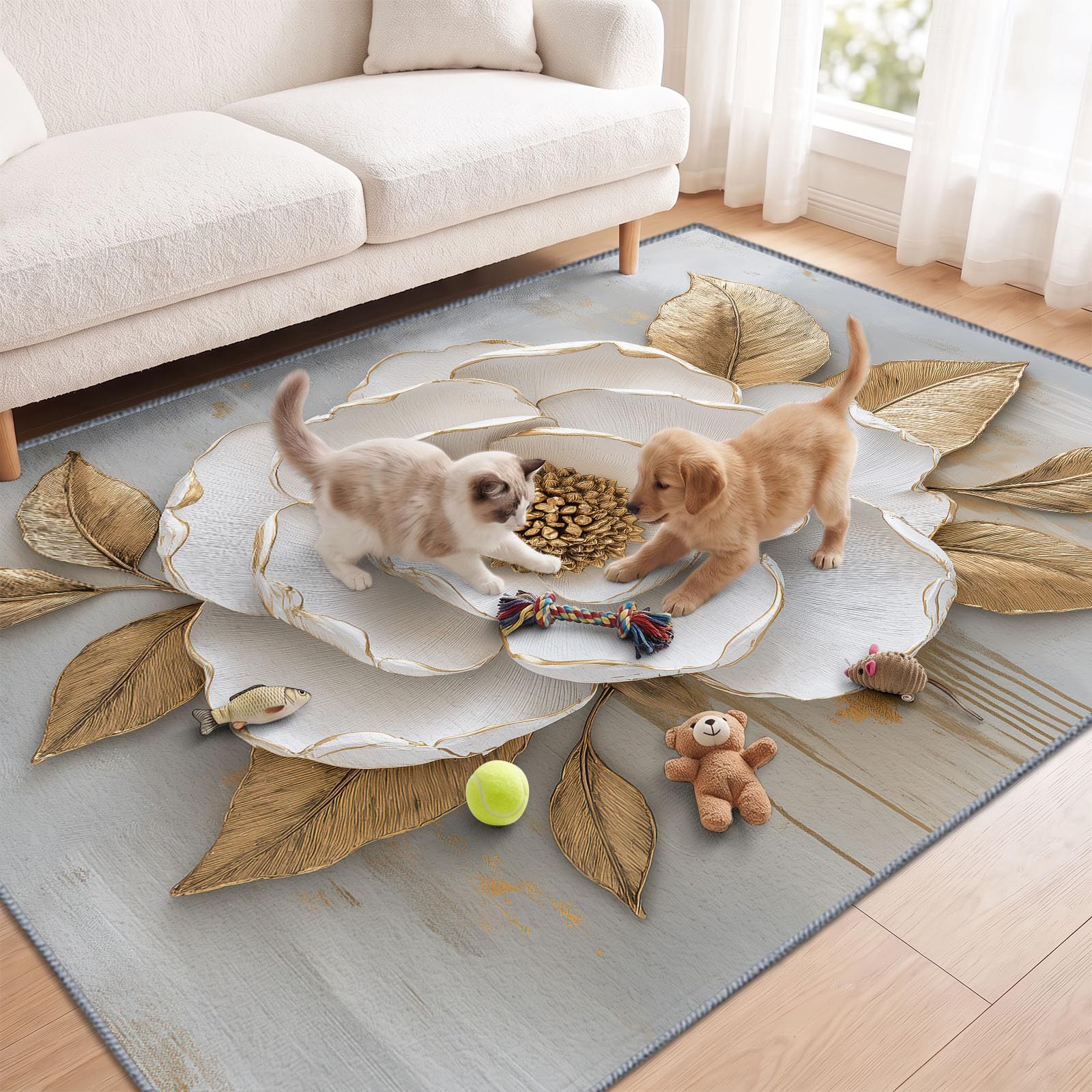 Générique Tapis Antidérapant Floral Relief 3D 80 x 150 cm, Tapis Doux Poil Ras Pivoine Blanche Bordure Métallique Lavable, Convient pour Chambre Salon Salle a Manger Bureau Cuisine Decoration