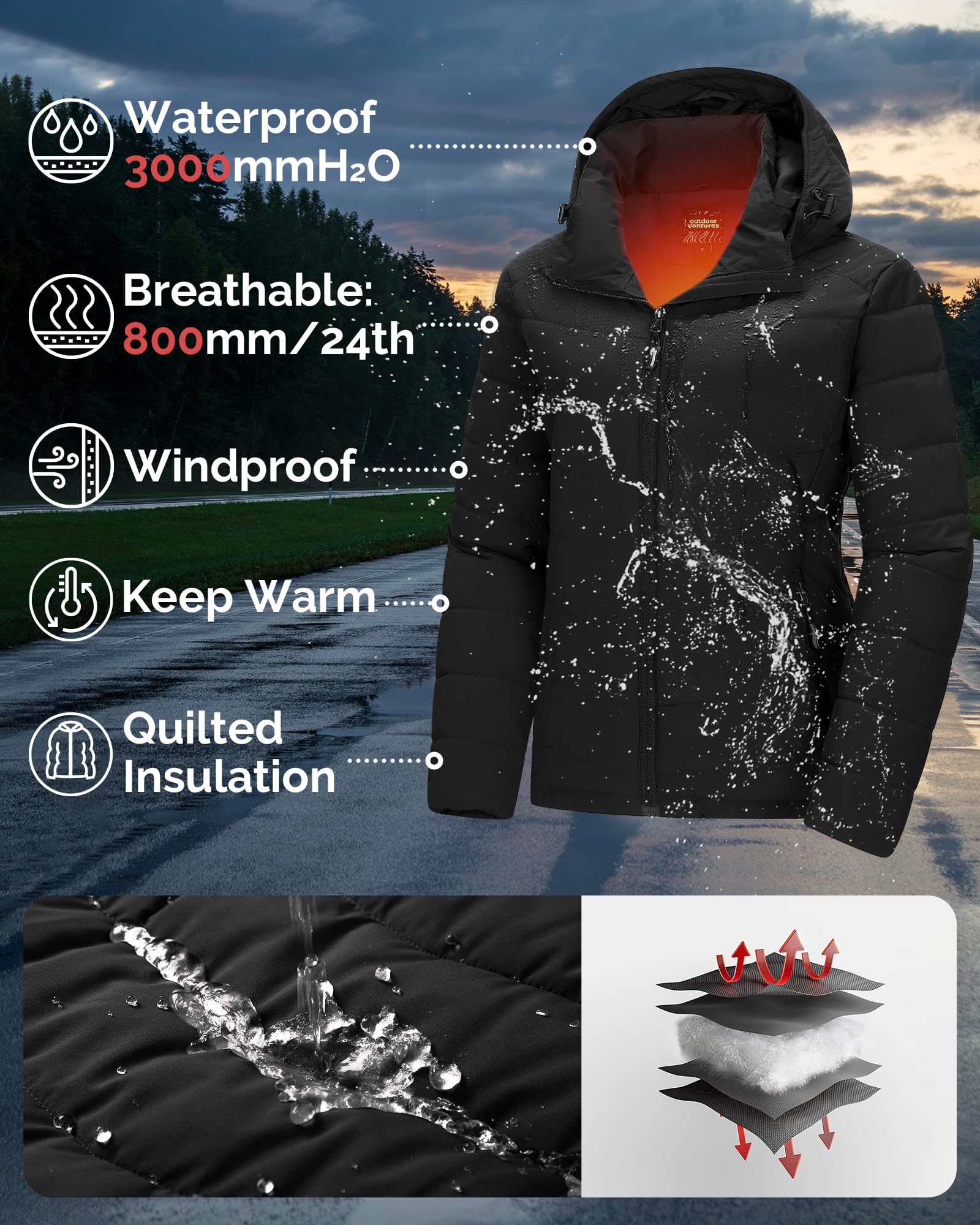 Outdoor Ventures Damen Steppjacke Warme Winterjacke mit Kapuze Wasserdichte Leichte Übergangsjacke Pufferjacke Damenjacke für Freizeit Wandern Reisen