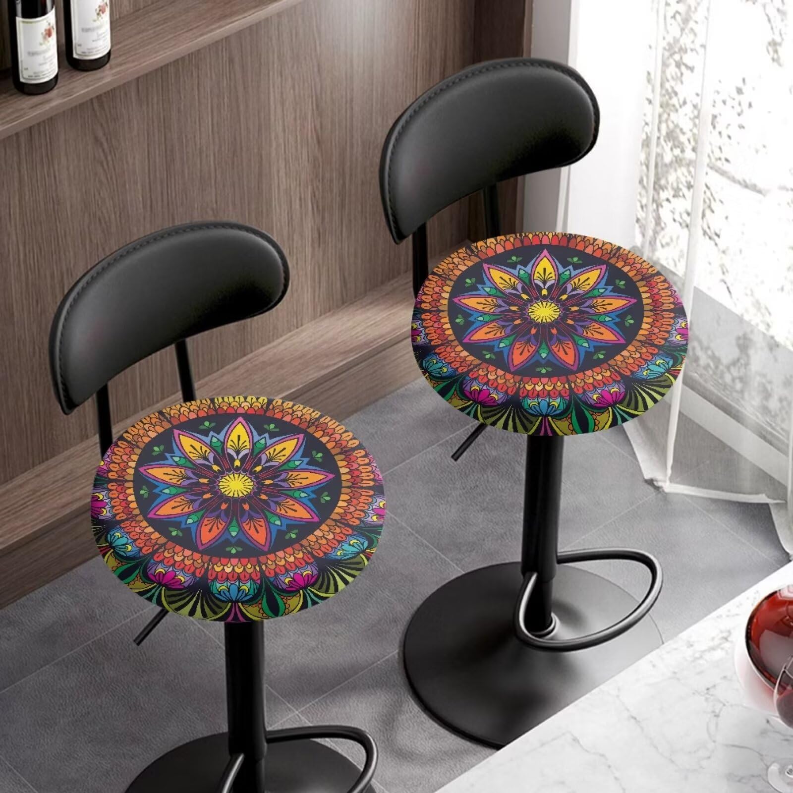 Hockerbezüge, rund, buntes Mandala-Blumenmuster, dehnbar, staubdicht, rauer Barhocker, Stuhlhussen mit elastischem Rand, einfach zu installieren (groß, 4 Stück)