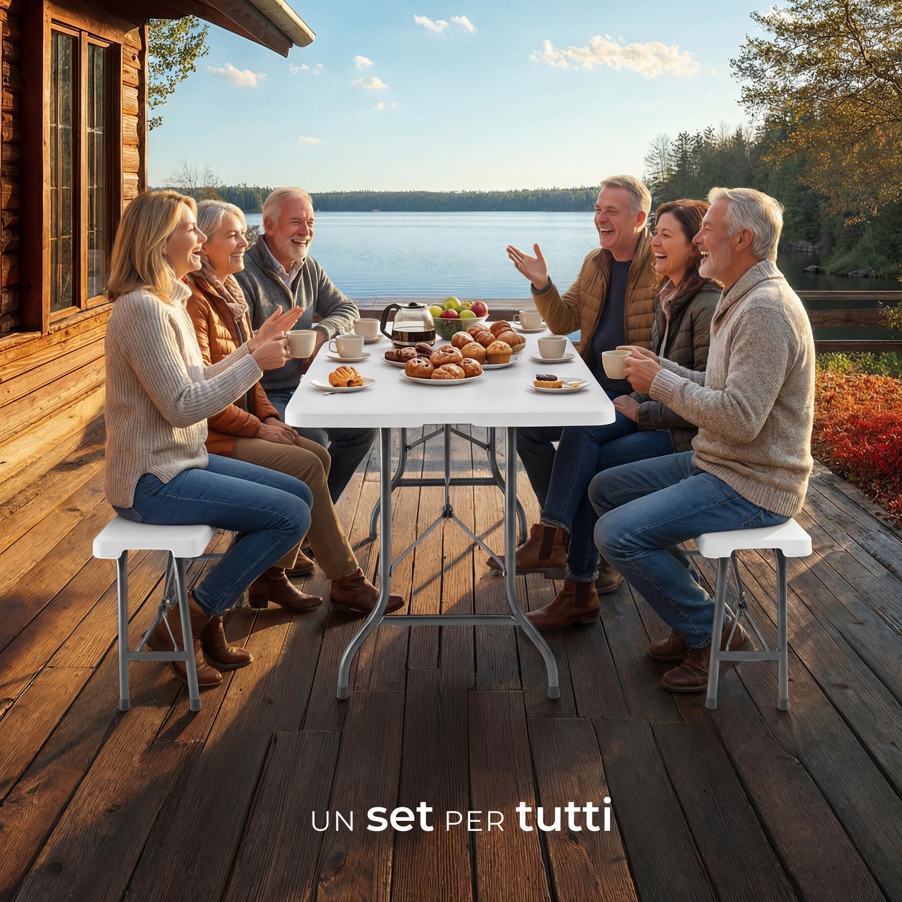 tectake® Set Tavolo da esterno e 2 Panche Pieghevoli, Set Tavolo Pieghevole da Campeggio e 2x Panca da Esterno, Ripiegabile a forma di Valigia, Blocco di sicurezza, Struttura in Acciaio - Bianco