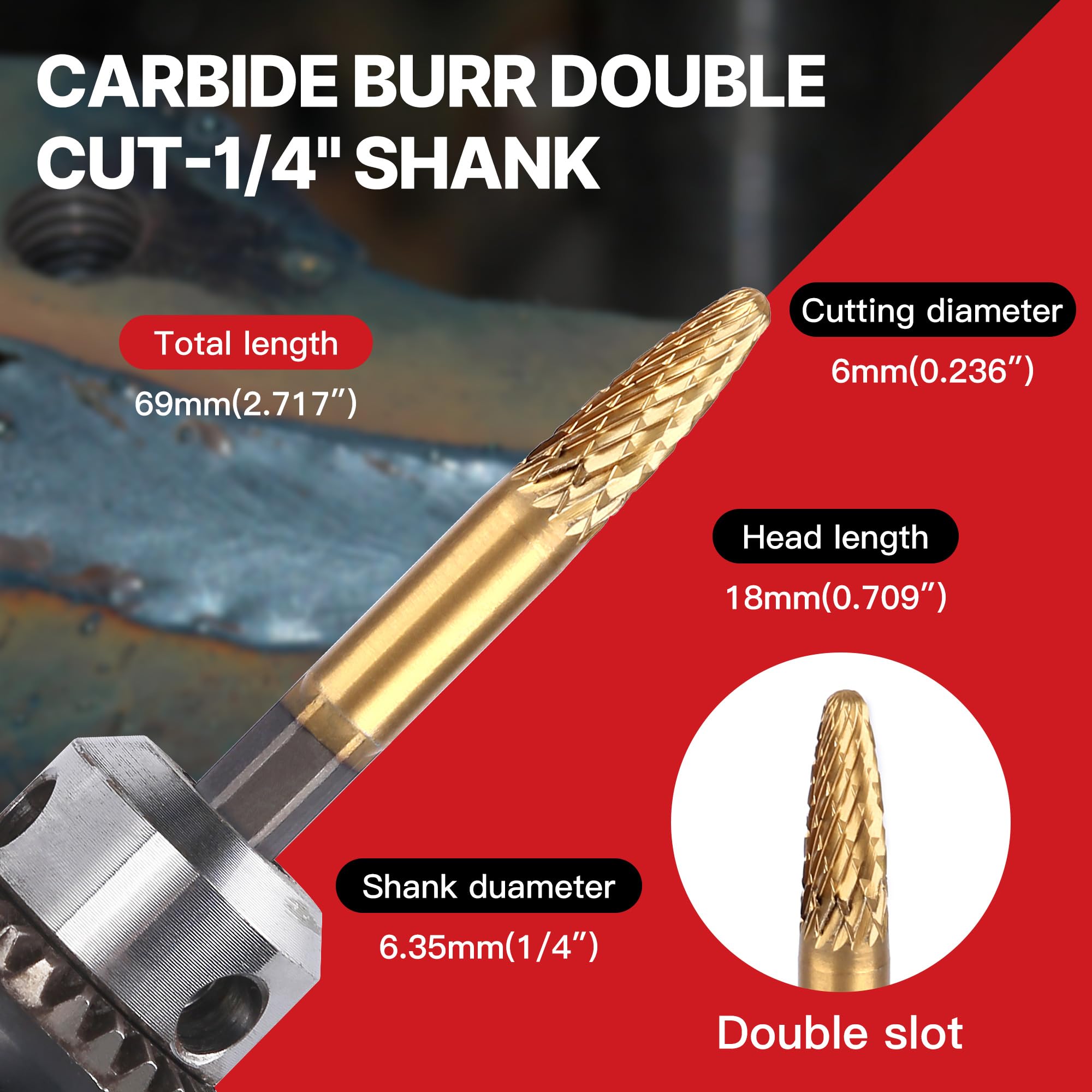 HUHAO Tungsten Carbide Rotary Burr Bit, Double Cut Carbide Burr 1/4" Shank Die Grinder Cutting Burrs Bit for Metal Working & Sturdy — Amazon image 4
