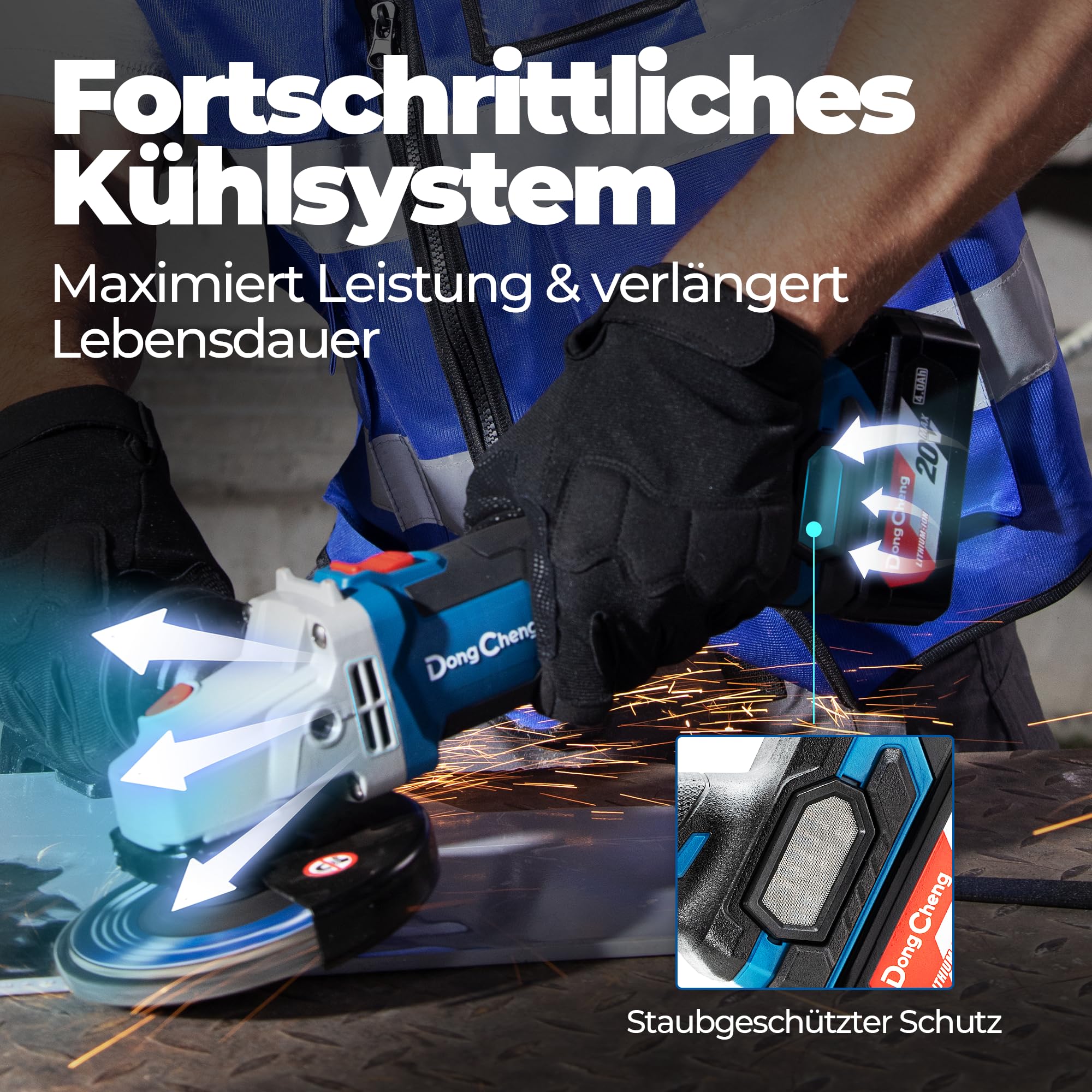 DongCheng 18V Akku Winkelschleifer Ø125mm, Schnellverschlussabdeckung | 8500 U/minBürstenloser Motor, Anti-Vibrations-Griff, 2 Schleif-, 2 Fächer-, 2 Trennscheiben, 4.0Ah Akku & Ladegerät