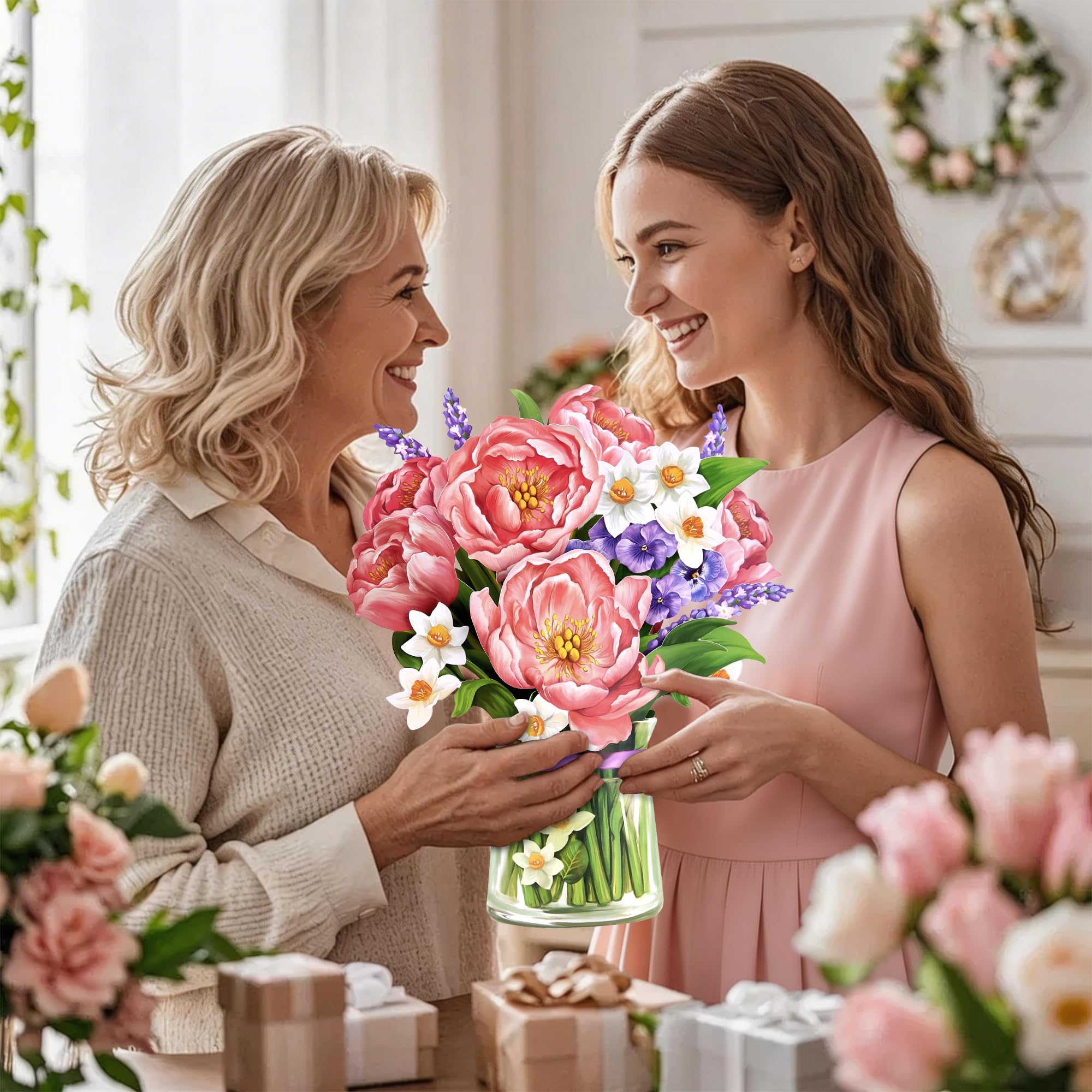 Airpark Papier Pop Up Bouquet Karte Rosa Pfingstrosen Blume Grußkarten 30,5 cm Forever Flower Papier 3D Popup Karten mit Notizkarte und Umschlag für Weihnachten Urlaub Geburtstag Muttertag AP-HK-P