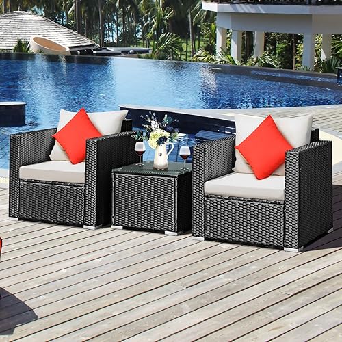 Miniatura 5 de COSTWAY Juego de muebles de mimbre para patio, juego de sofá de ratán para conversación con cojín de jardín, color blanco