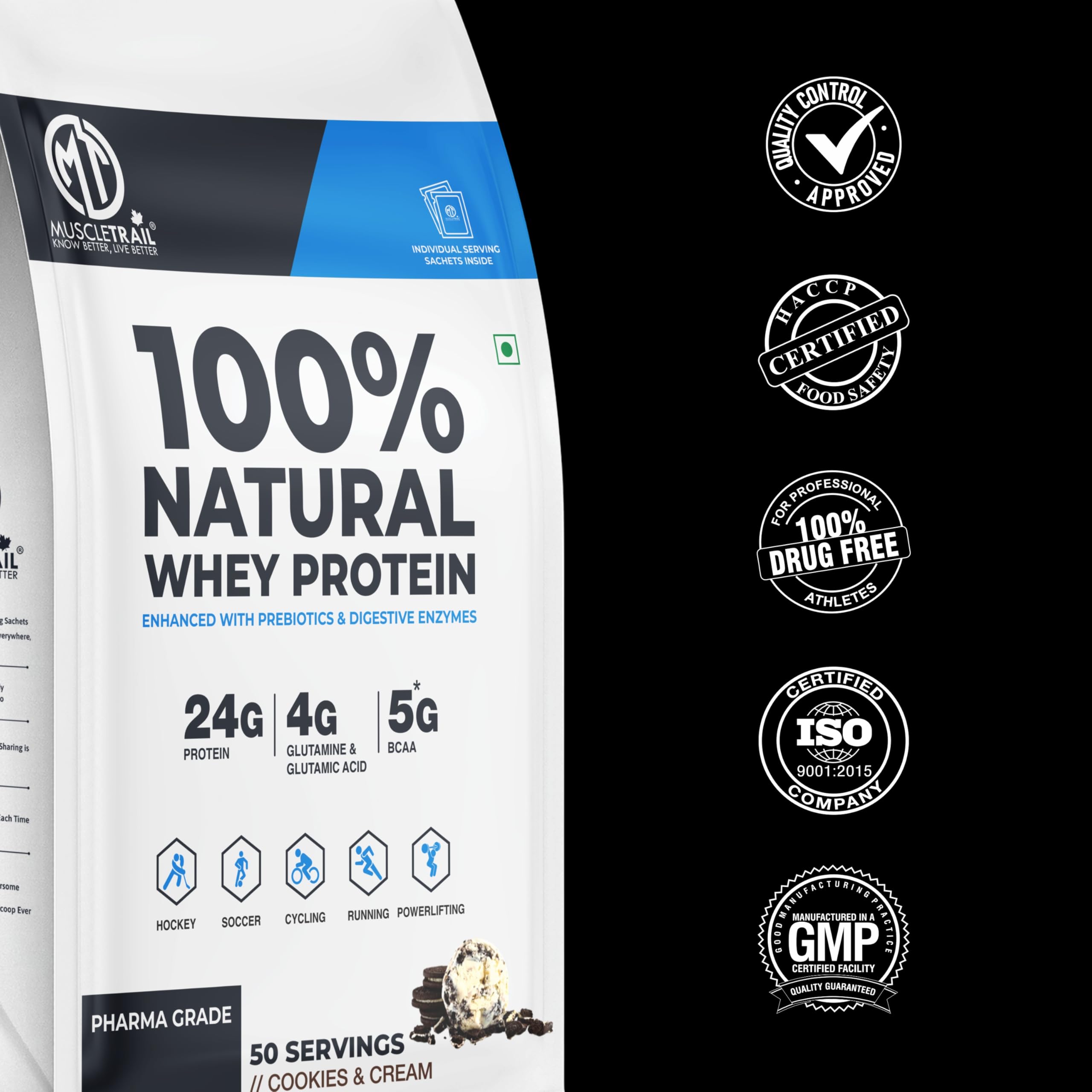 MuscleTrail Pharma Grade 100% Natural Whey Protein Powder | 24g Protein, 4g Glutamine, 5g BCAA | Isolate Source, Low Carb | Muscle Gain & Recovery Supplement | 50 Sachets + Premium Shaker Bottle (Vanilla) — Amazon image 8