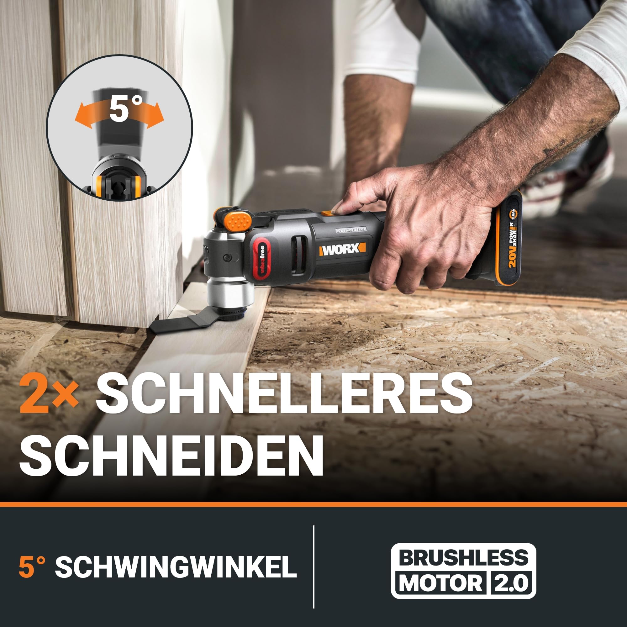 WORX Nitro WX698.9 Sonicrafter Akku Multifunktionswerkzeug 20V – bürstenloser Motor –PowerShare – zum Schneiden, Sägen, Schleifen – 10000-20000/min – ohne Akku & Ladegerät