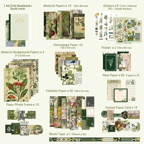 Miniatura 2 de Scrapbooking Supplies Kit, Vintage Botanical Aesthetic Scrapbook Kit for Bullet Junk Journal, Stationery, A6 Grid Notebook, Flower DIY Journaling