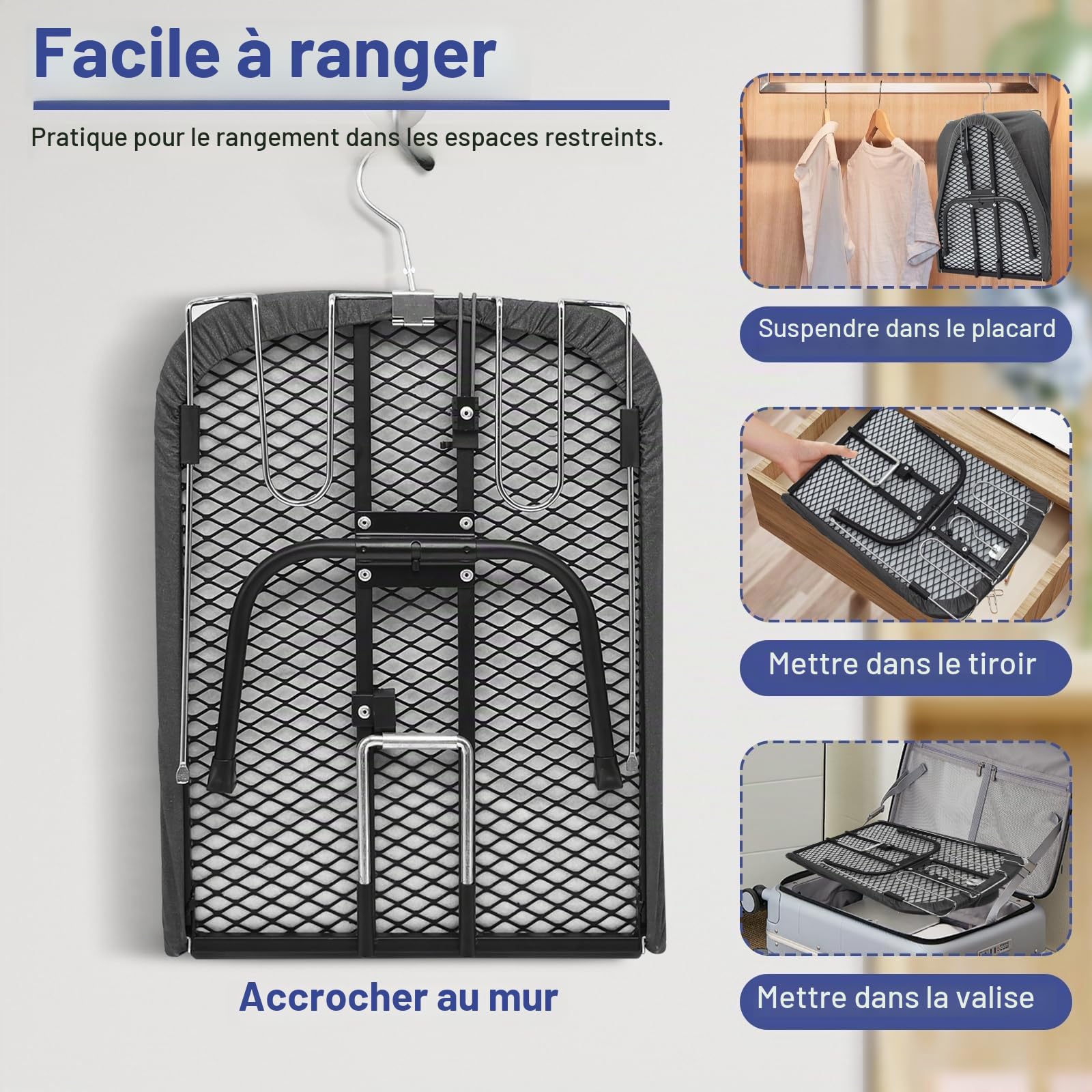 Table à Repasser avec Porte-Fer, Planche Repasser Pliable avec Housse Coton, Maille Métallique, Pieds Antidérapants, pour Fer Vapeur Domicile Voyage, Gris Foncé