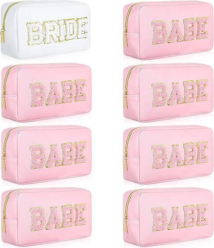 Mixweer 8 bolsas de cosméticos para dama de honor, regalo de propuesta de dama de honor, parche de letras bordadas, bolsas de maquillaje para novia,