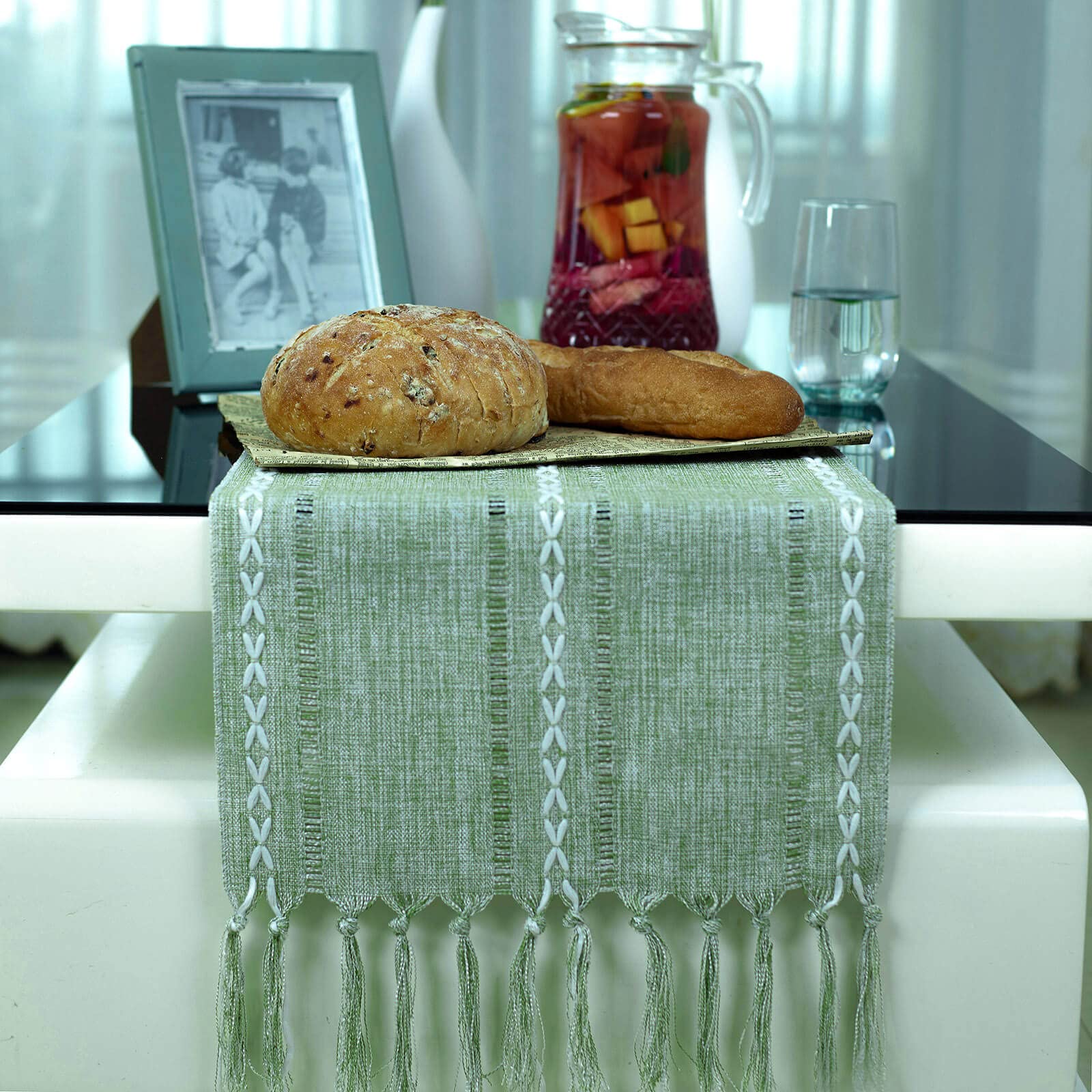 Vintage, Rustic, Boho Style, Embroidered Linen Table Runner by DZDarren (Hemstitched Sage Green , 13" W X 72" L)