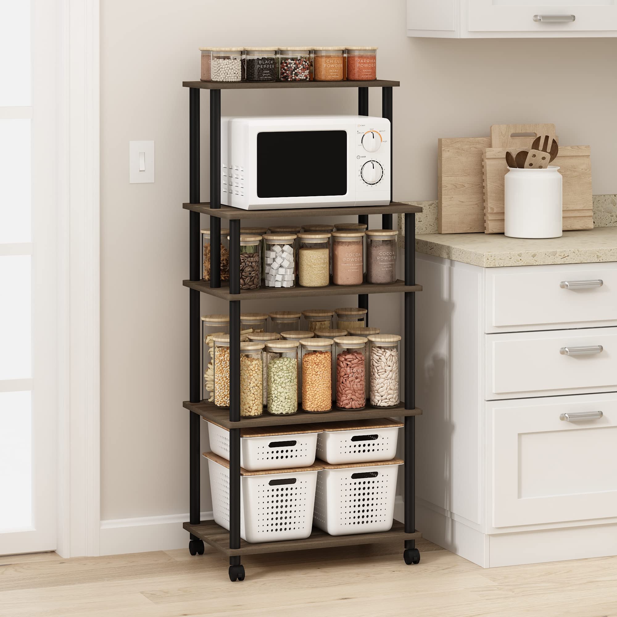 Furinno Turn-N-Tube Carrello portaoggetti da cucina a 5 livelli senza attrezzi, Noce Columbia/Nero