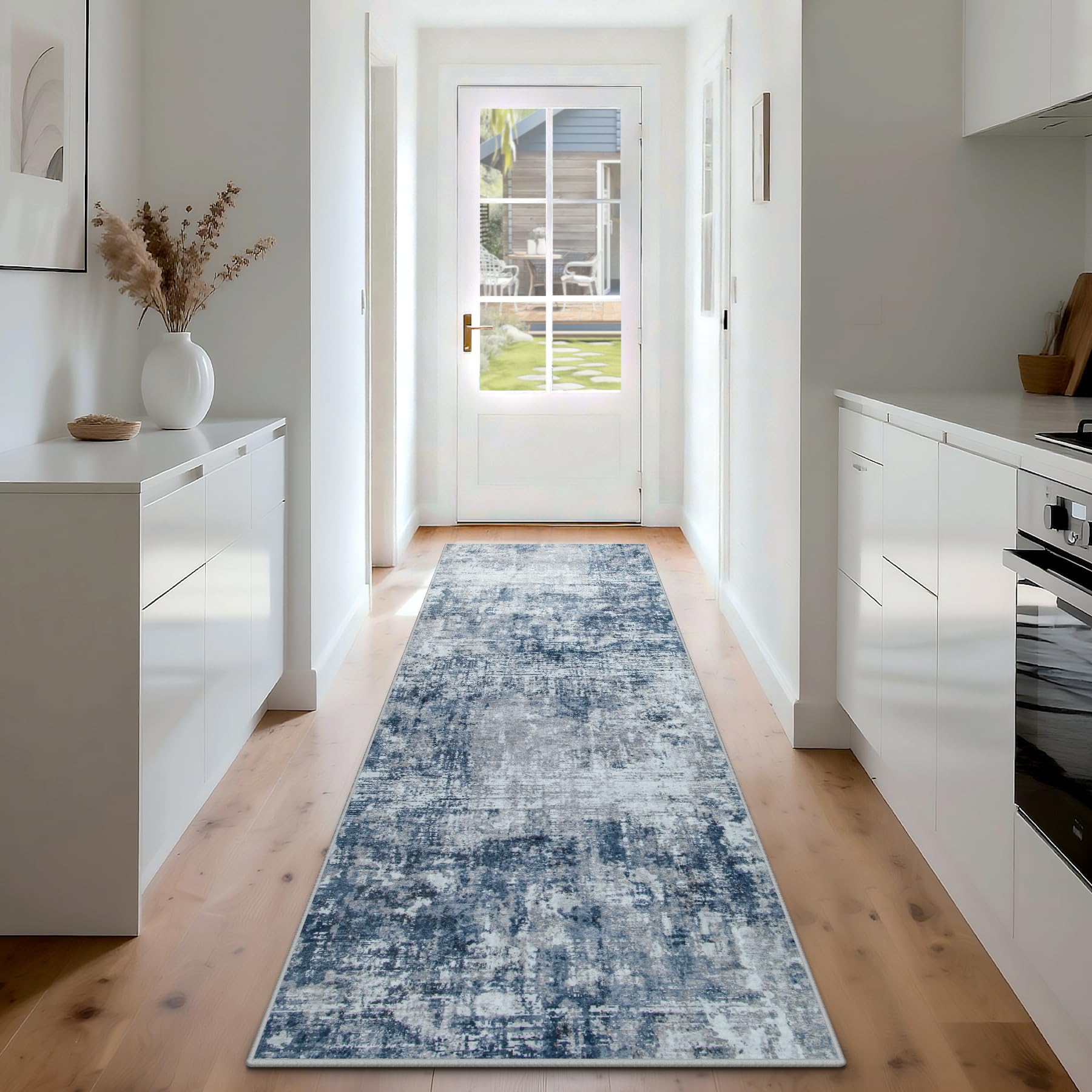 Runner Rug for Hallways Kitchen 2'6"x8' Washable, Non Slip Carpet 8ft Area Rugs Entryway Rubber Backed 8 Feet Neutral Abstract Modern Low Pile Indoor