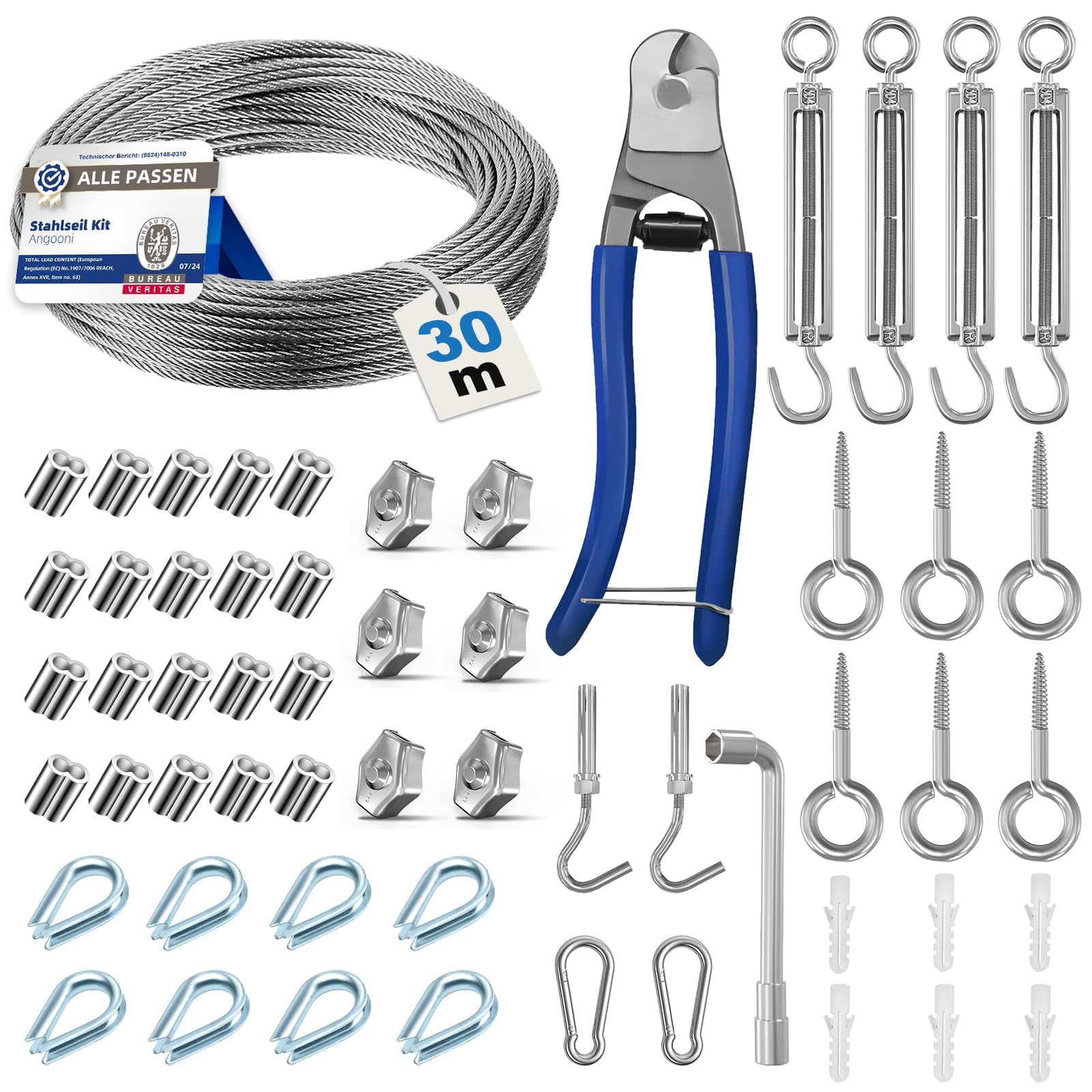 Angooni Set di fune in acciaio da 30 m, fune in acciaio inossidabile da 3 mm rinforzata, tenditore M5 in acciaio inossidabile, gancio a parete M5, fune in acciaio con occhielli, supporti per piante