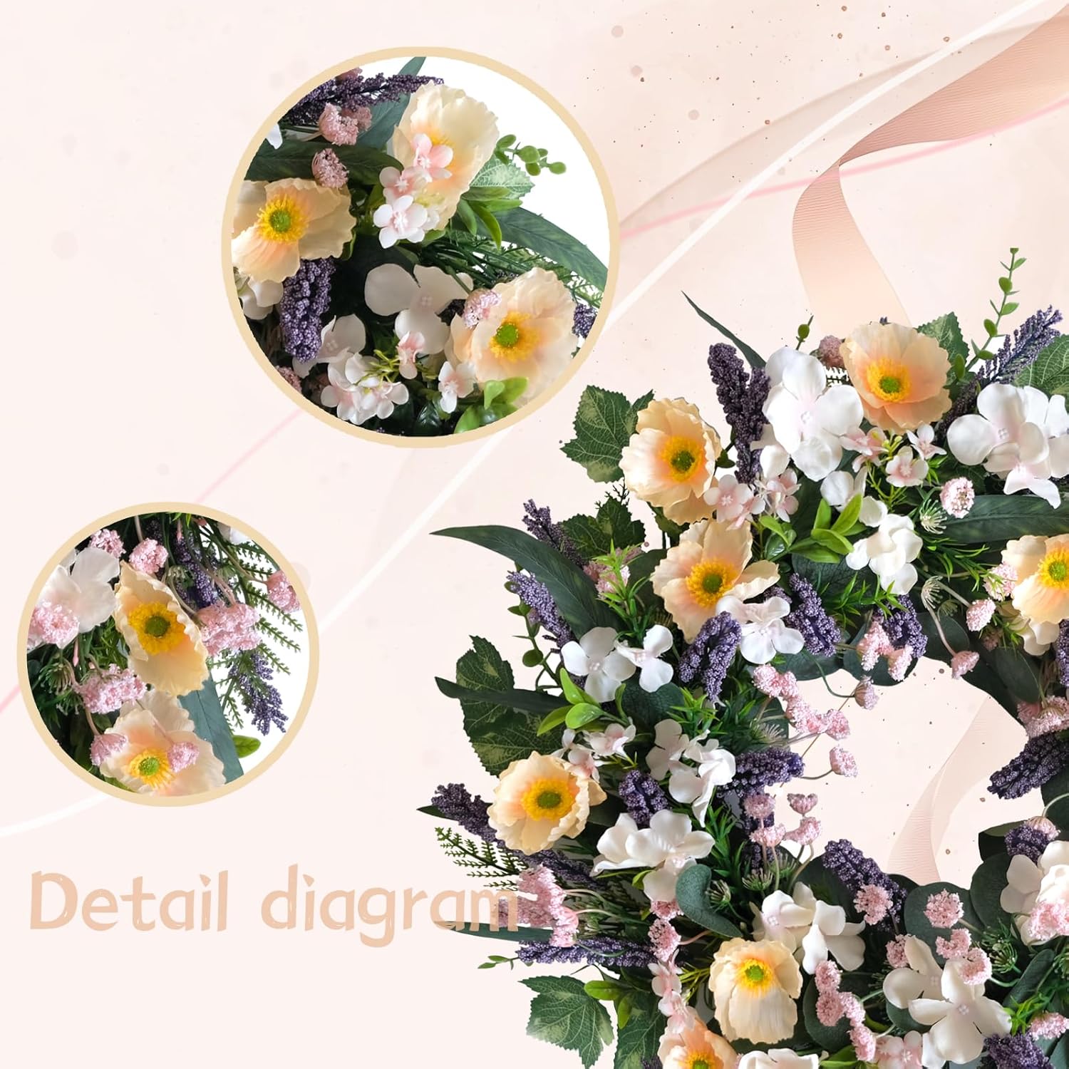 Spring 24-inch Wreath Purple Lavender Yellow Flowers Green Leaf Wreath Wedding Holiday Party Office Decoration Spring Summer Front Door Indoor Outdoor Home Decoration - Image 2