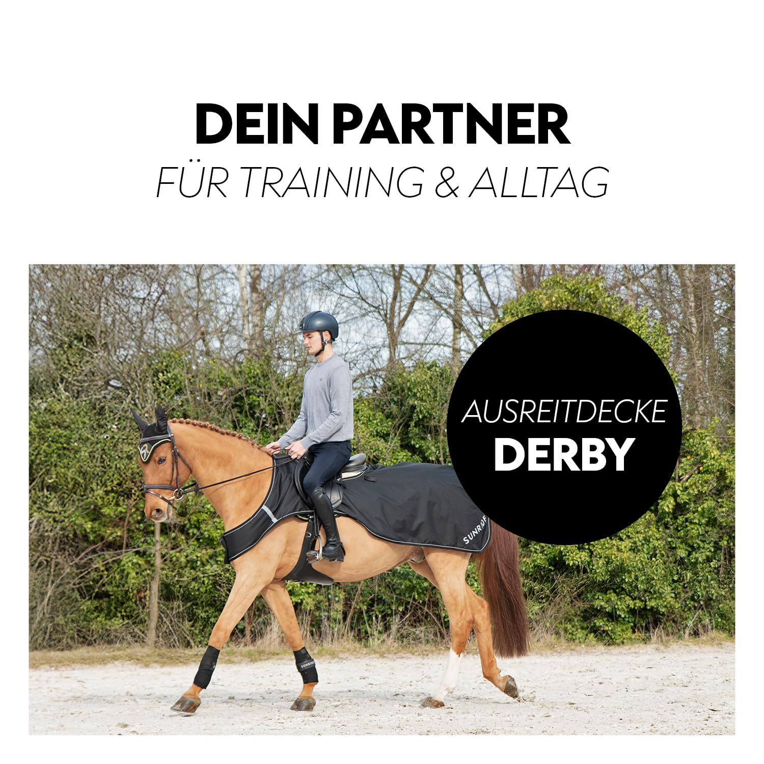 SUNRIDE Manta de Ejercicio para Caballo 0g (Derby) – 600D – 100% Impermeable – Columna de Agua 5000 mm – Forro Polar – cubresilla – Reflectante – Transpirable (Negro, 145 cm)