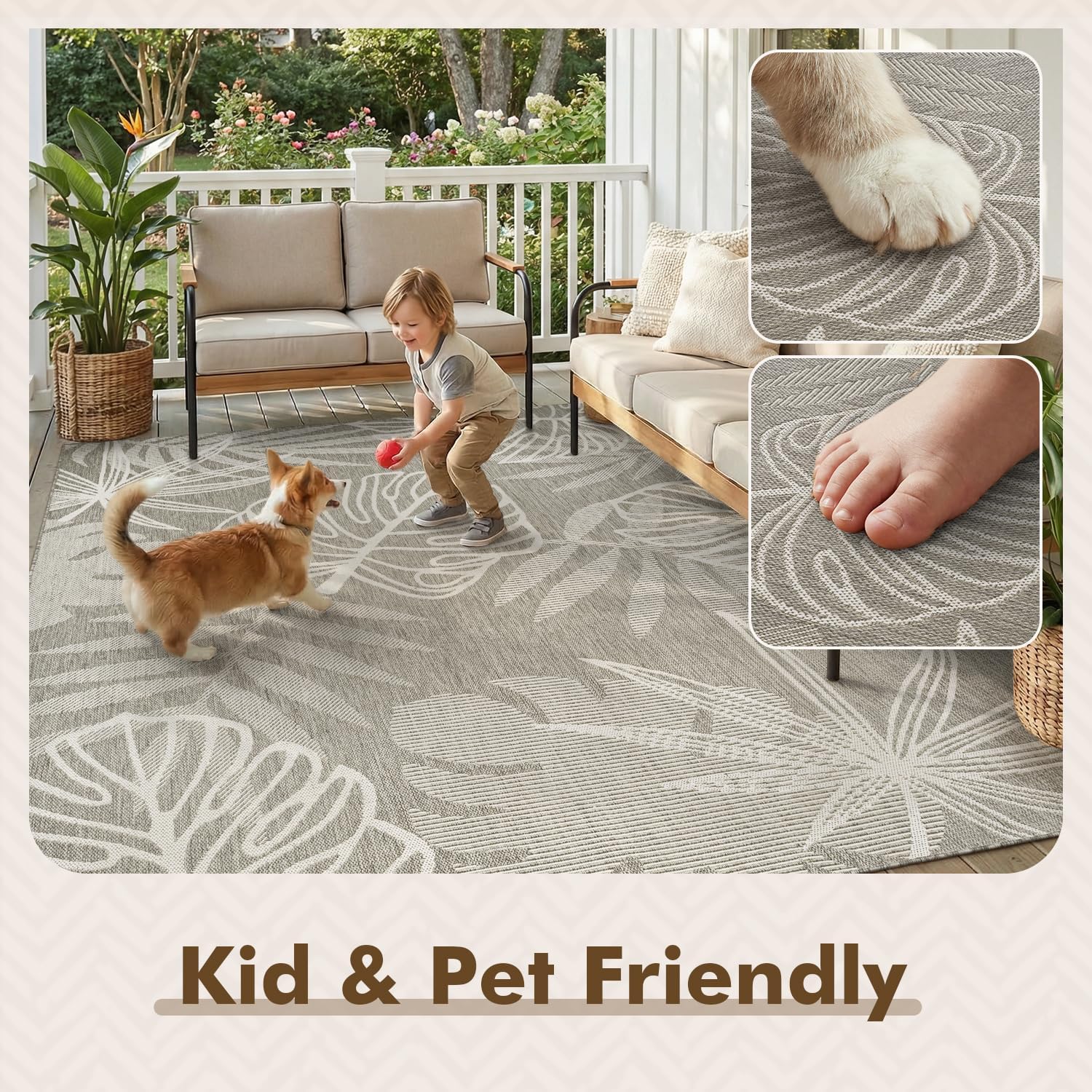 -Outdoor Rug-Patio Rug 5x7 ft Polypropylene Indoor Outdoor Rugs Outdoor Carpet for Patio Deck Balcony Porch, Textured Weave, Durable for High Traffic, Fade-Resistant, Tropical Silver Grey thumbnail